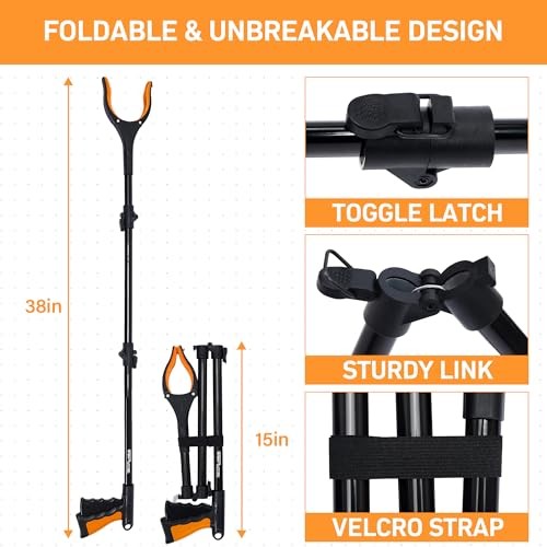 38″ Extra Long Grabber Reacher Tool – 2 Pack Extra Long Foldable Orange Blue