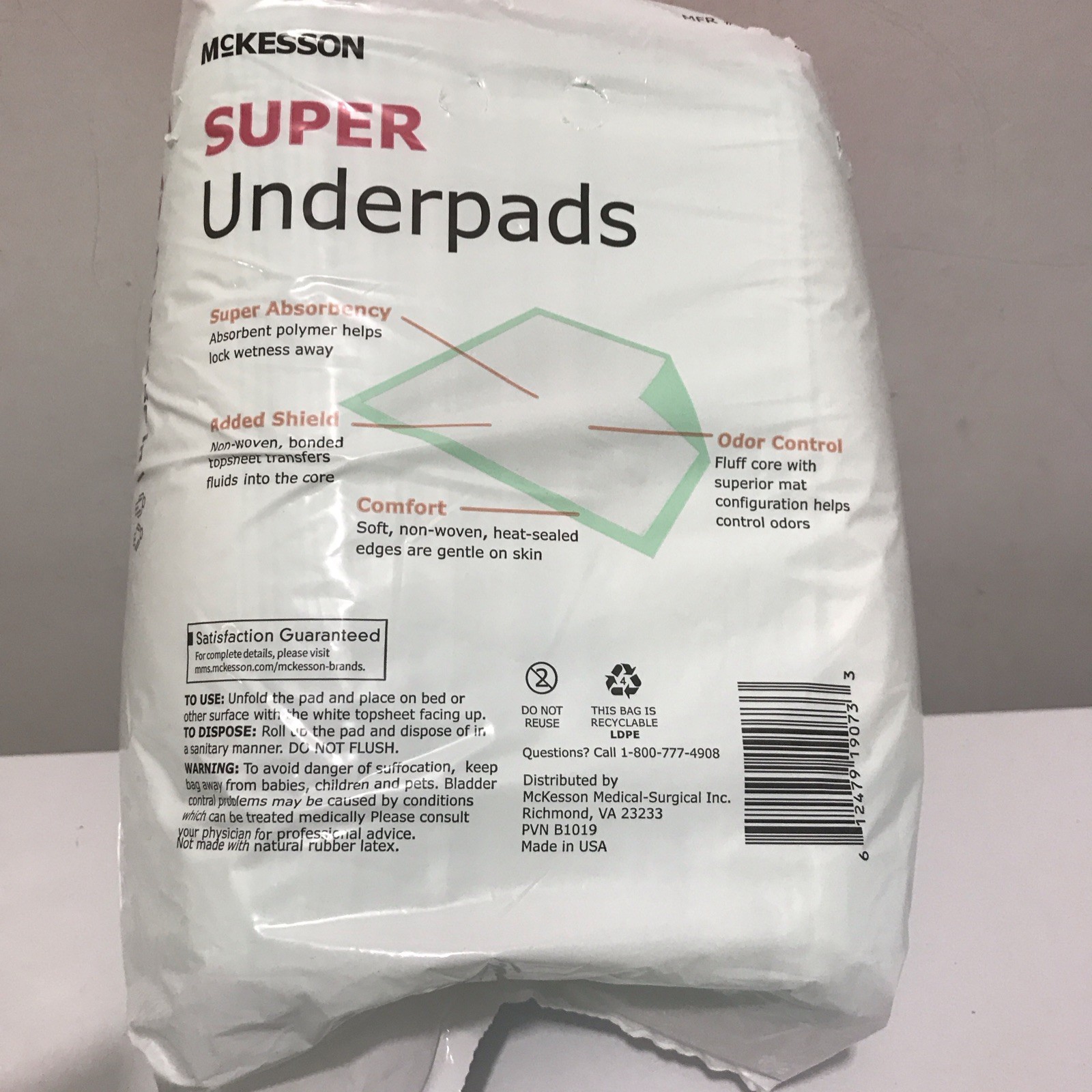 McKesson Super Underpads, Moderate Absorbency, 30 x 36 in, White, 10/Bag