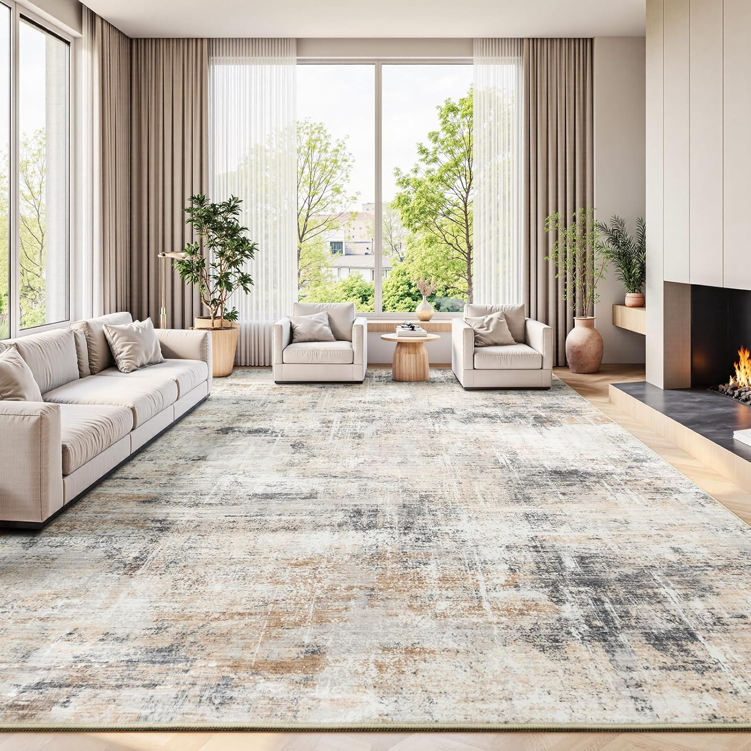 9X12 Area Rug for Living Room,Gold Abstract Large Rugs with Non-Slip Backing, Ne