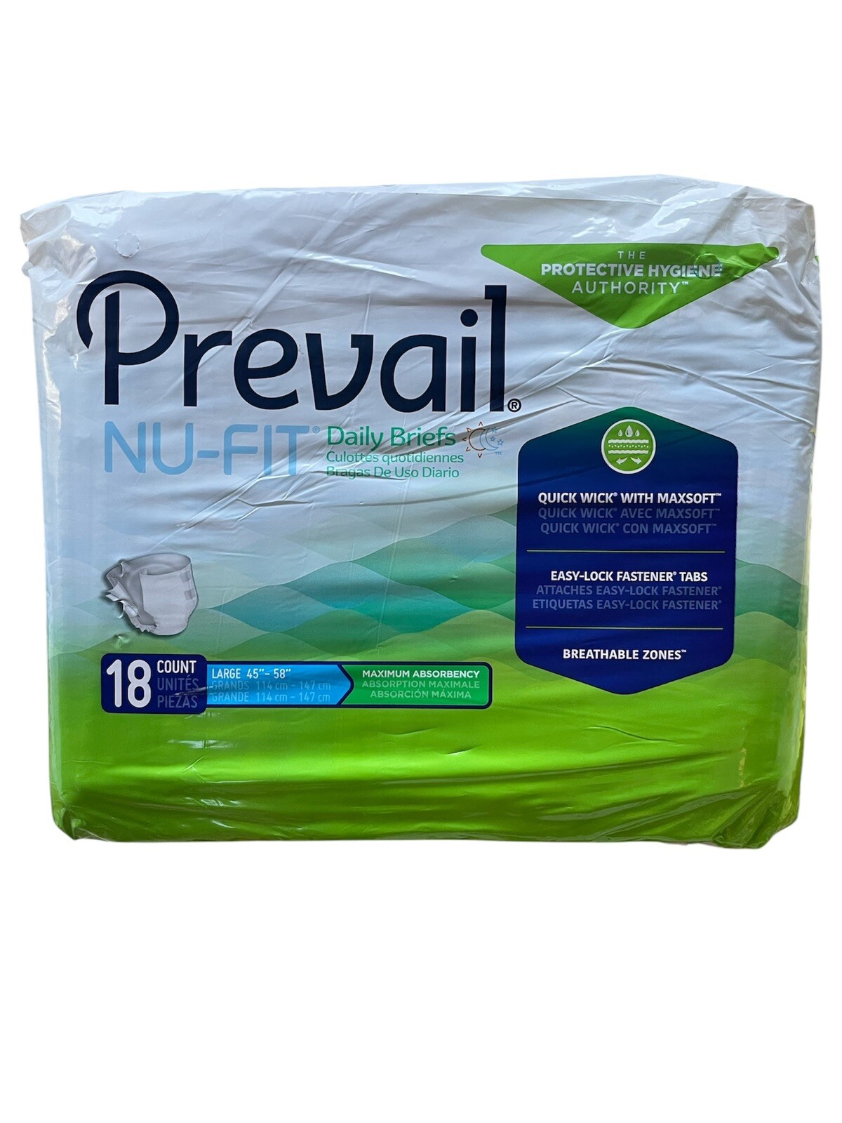 Set of 3 Prevail Nu-Fit Adult Brief Diaper, LARGE, Max Abs. Pack of 18 New