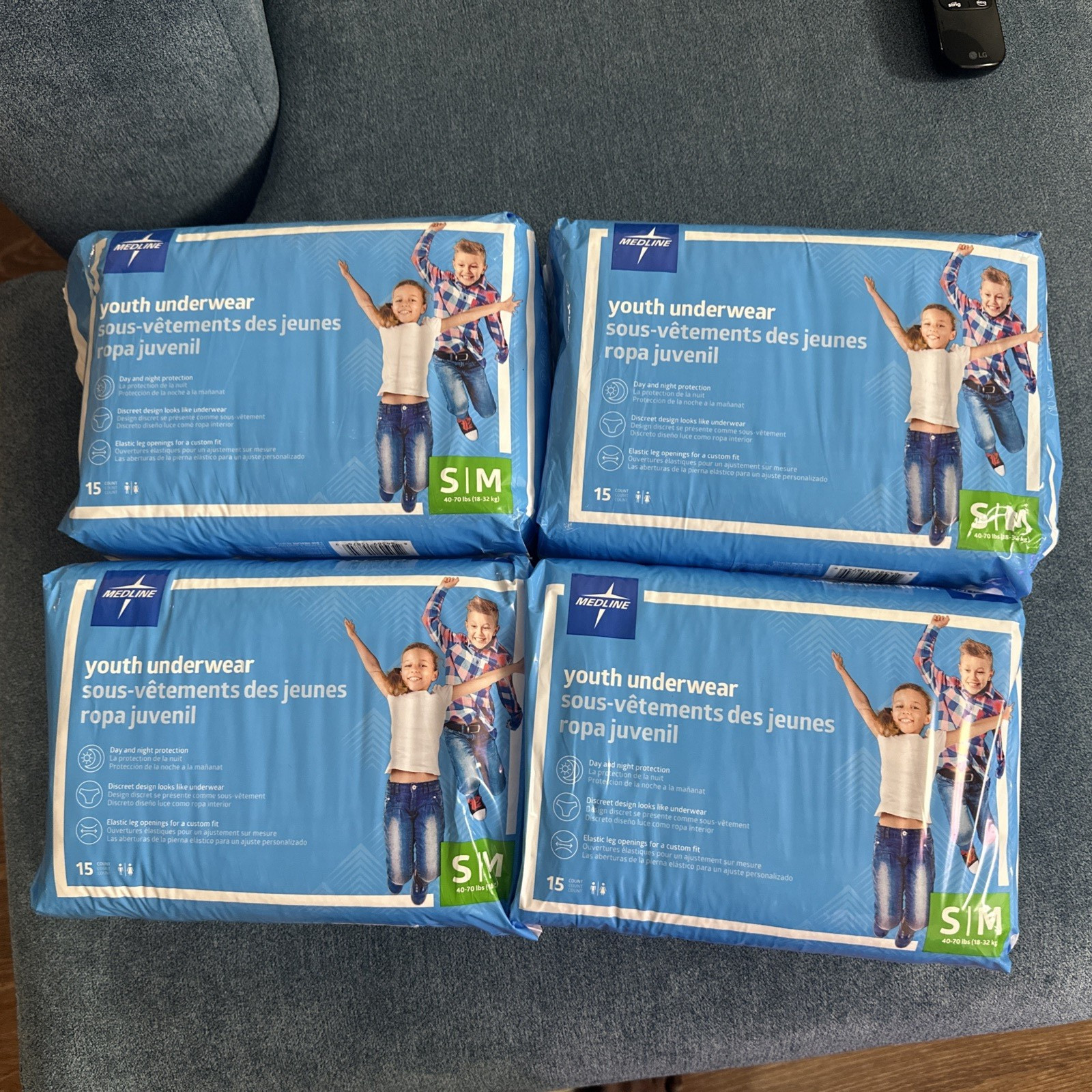 Medline Youth Underwear S/M 4 packs of 15ct (60 total) Small/medium 40-70LBS.