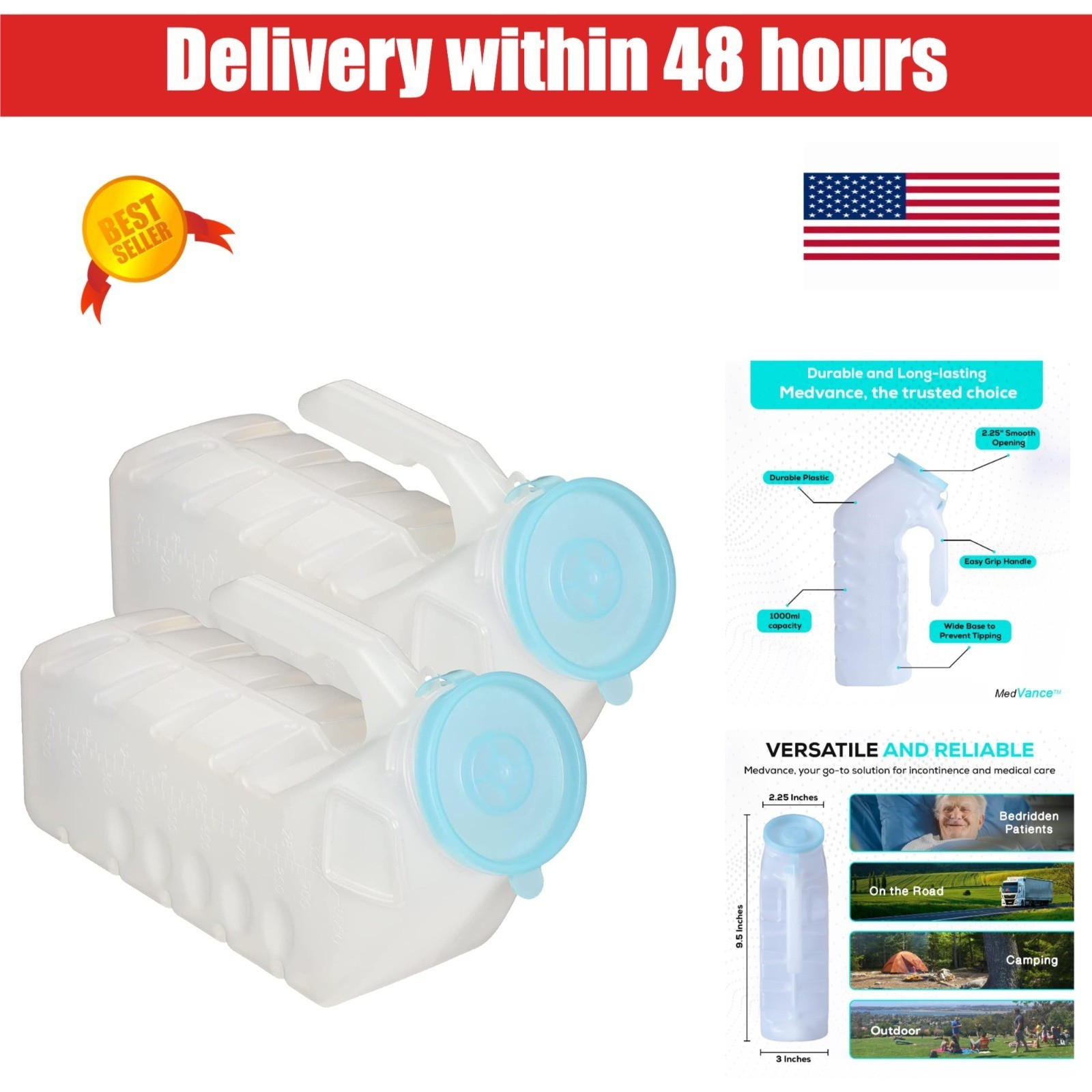 MedVance 1000ml Portable Urinals for Men – 2 Pack – Leak-Proof Design