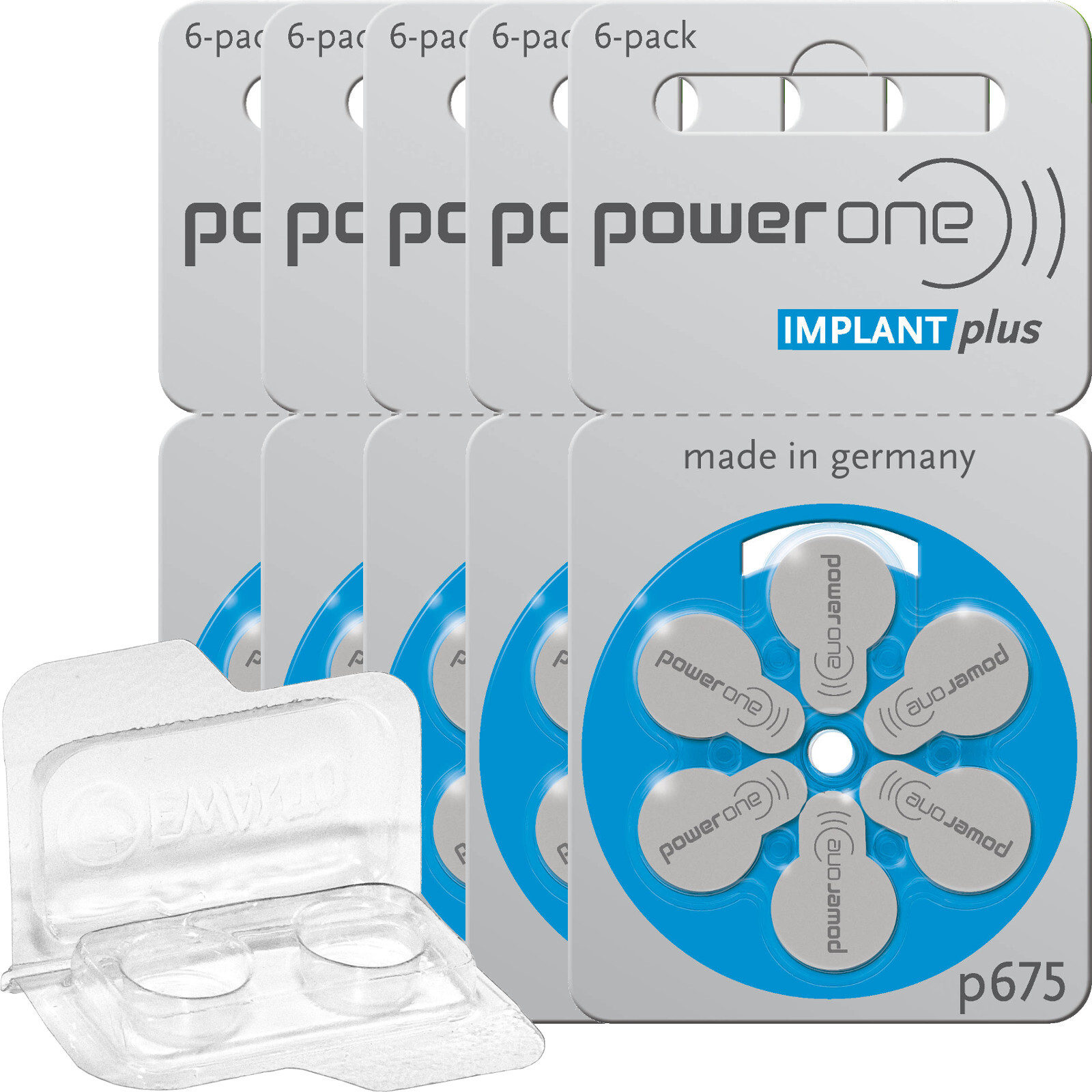 30 x PowerOne Implant Plus hearing aid battery P675 blue (5×6 bl.) + Transpor…