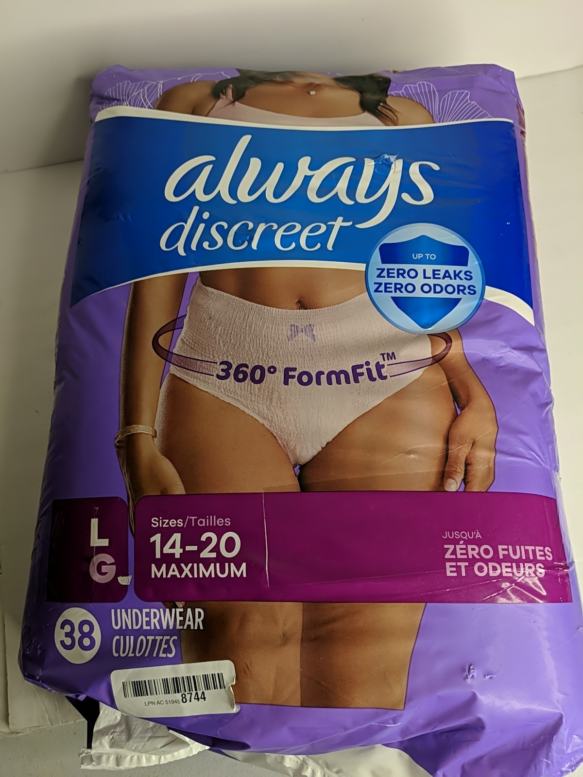 Always Discreet 360 FormFit Maximum Underwear, Large (14-20), 38 Count