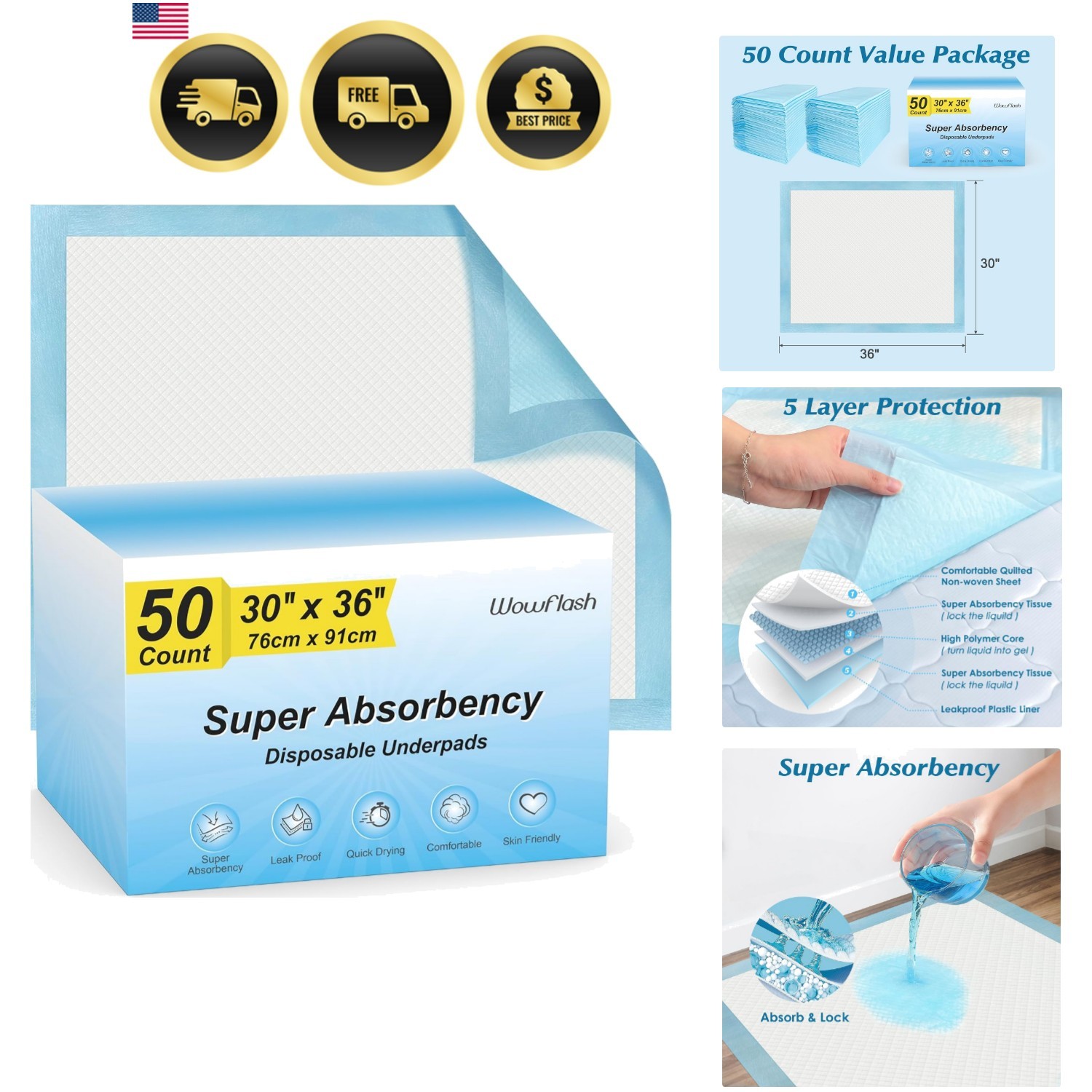Super Absorbency Disposable Leakproof Underpads with Quick Drying for Baby, A…