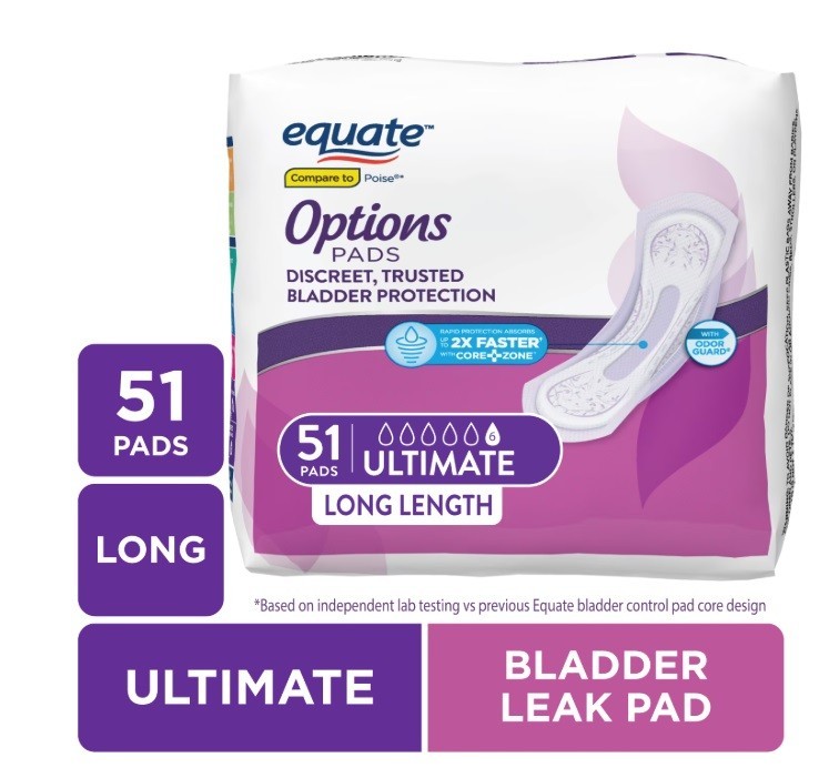 Equate Options Women’s Incontinence Pads, Ultimate Absorbency, Long Length, 51 C