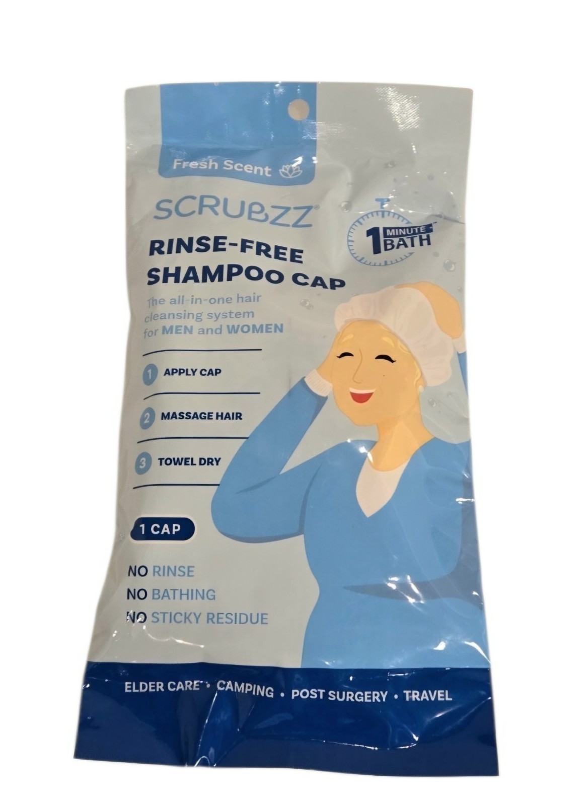 Scrubzz Rinse-Free Shampoo Cap Fresh Scent Elder Care Camping Post-Surgery New