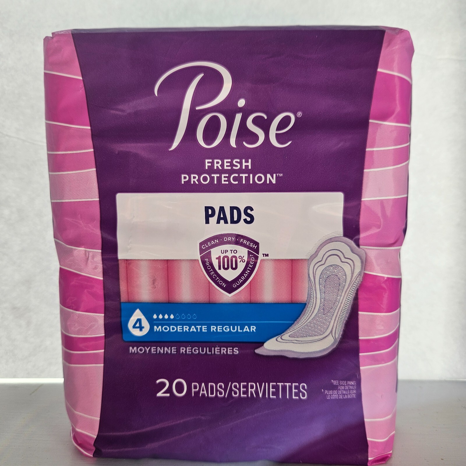 Poise Fresh Protection moderate Regular 20 pads 4 drops clean, dry & fresh