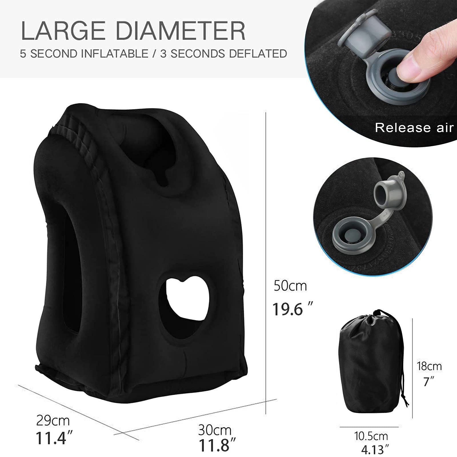 Inflatable Travel Pillows for Airplane, Blow Up Neck Pillow Black 4th Gen