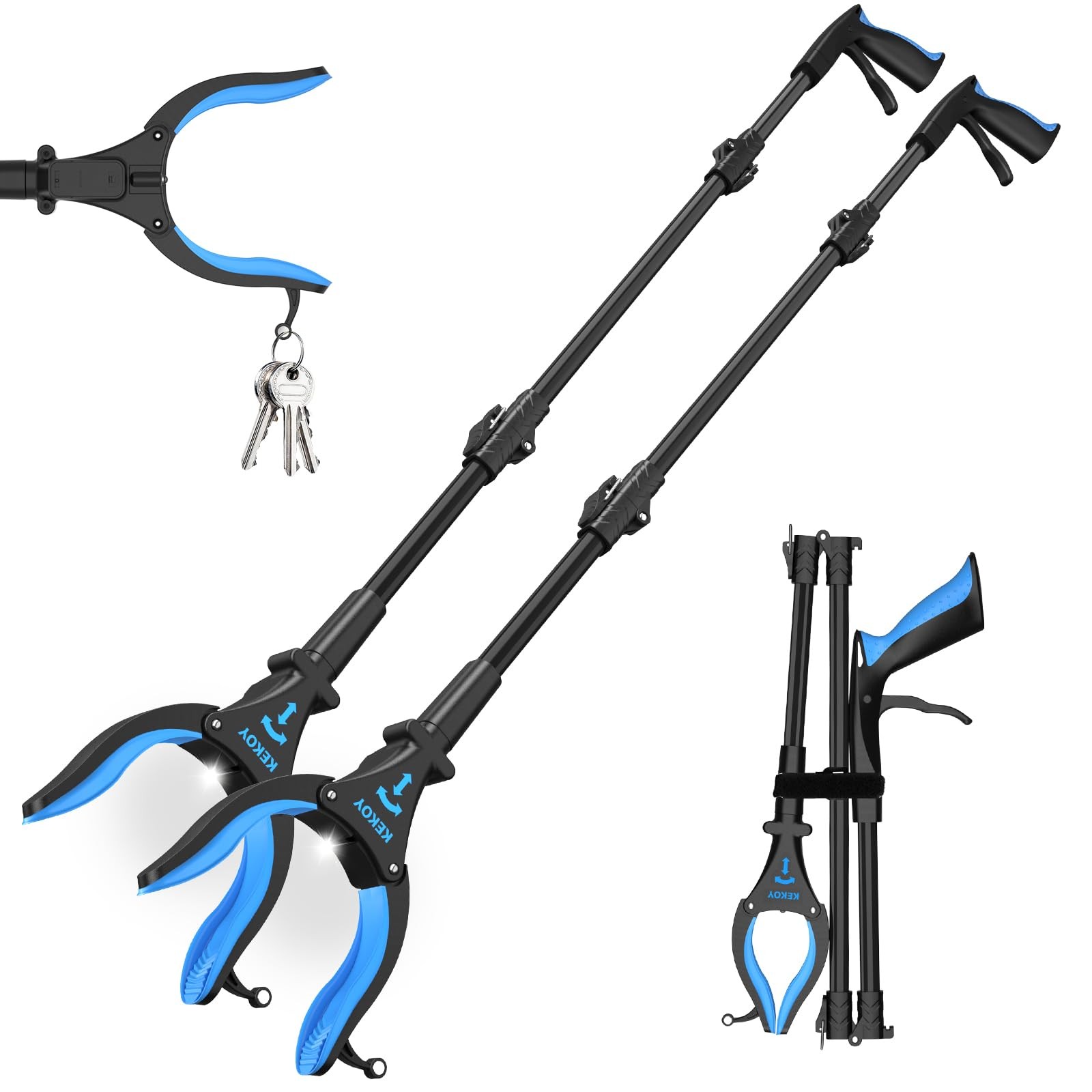 2-Pack 32″ Reacher Grabber Tool with Light, Foldable Magnetic Claw, Blue