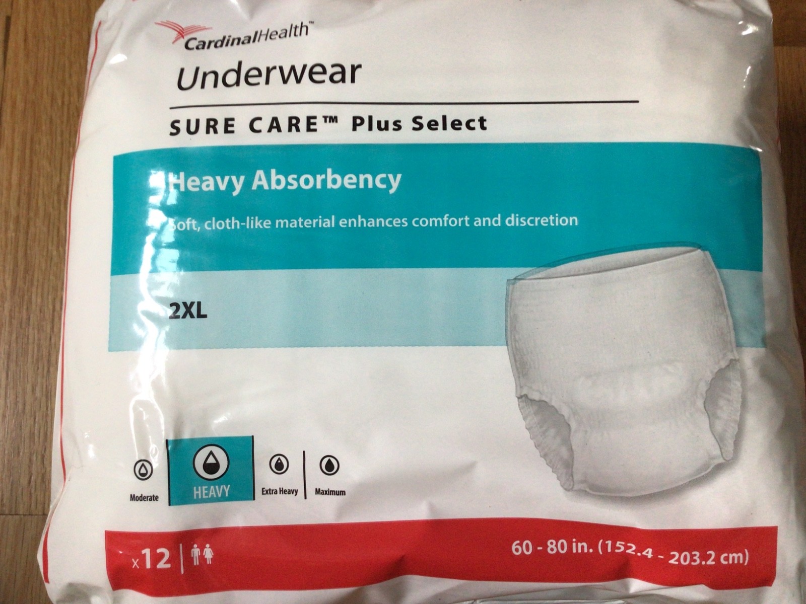 CardinalHealth ,Underwear, Heavy Absorbency, 2XL size,80″- 60″unisex, 12 count