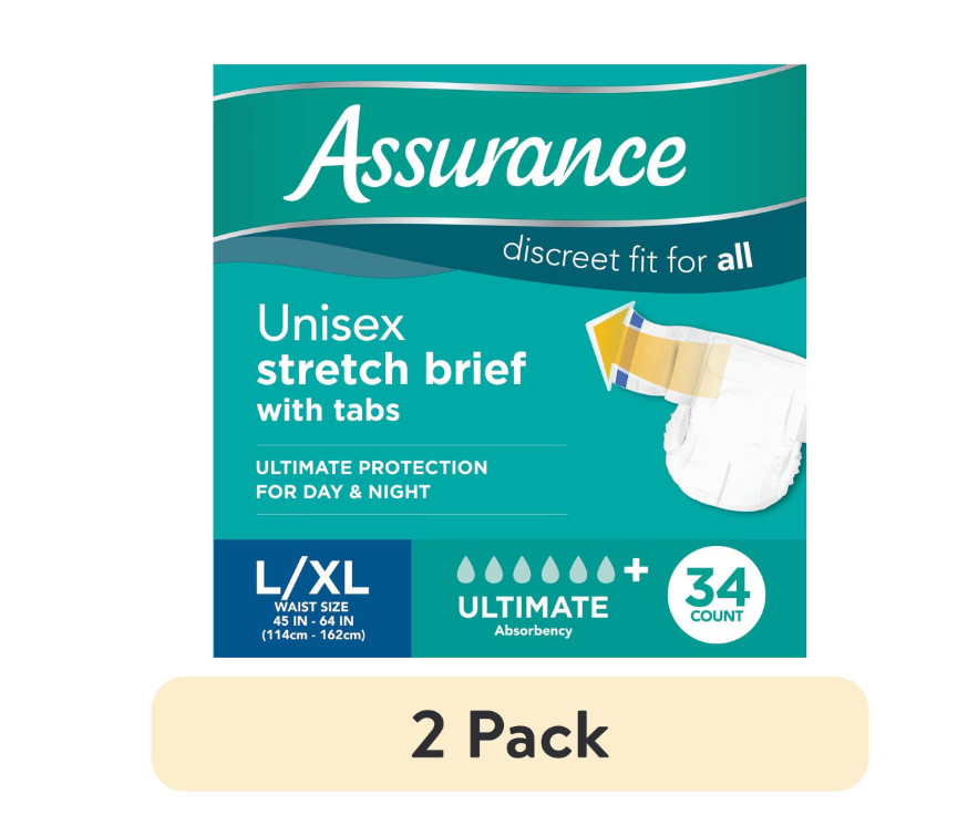 2 Pack Assurance Unisex Stretch Briefs with Tabs L/XL 34 Count Adult Briefs