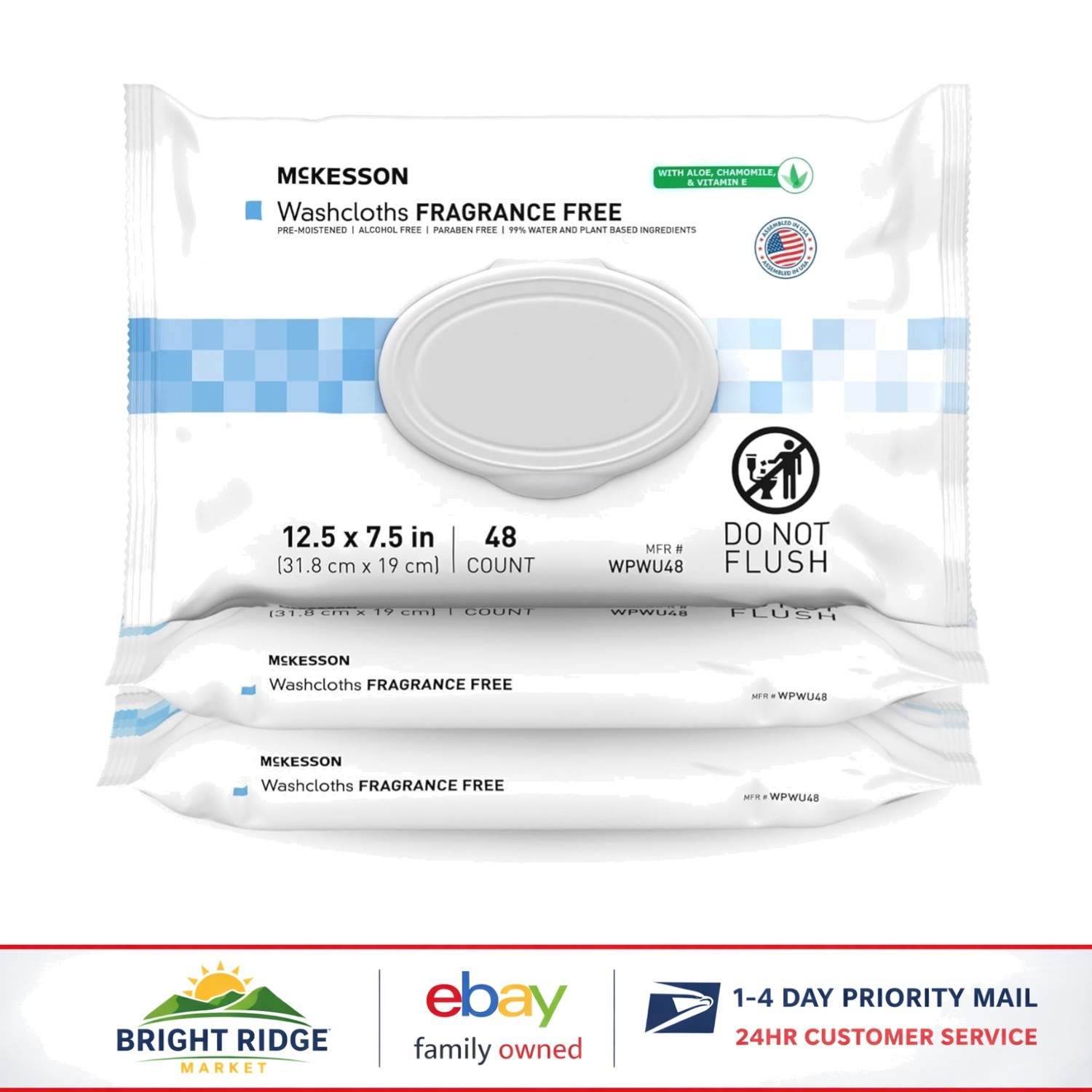 Hypoallergenic Cleansing Wipes, Unscented, 48 Count Packs for Sensitive Skin