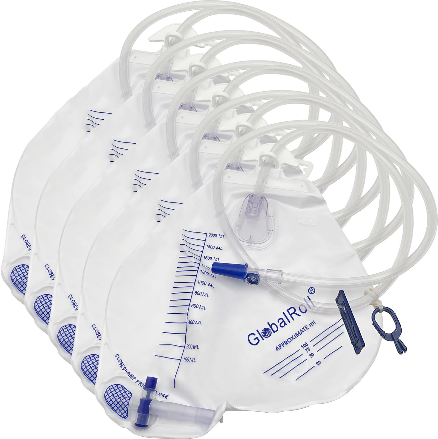 5 Pack 2000ml Urinary Drainage Bags w/ Anti-Reflux Valve Tube Hook