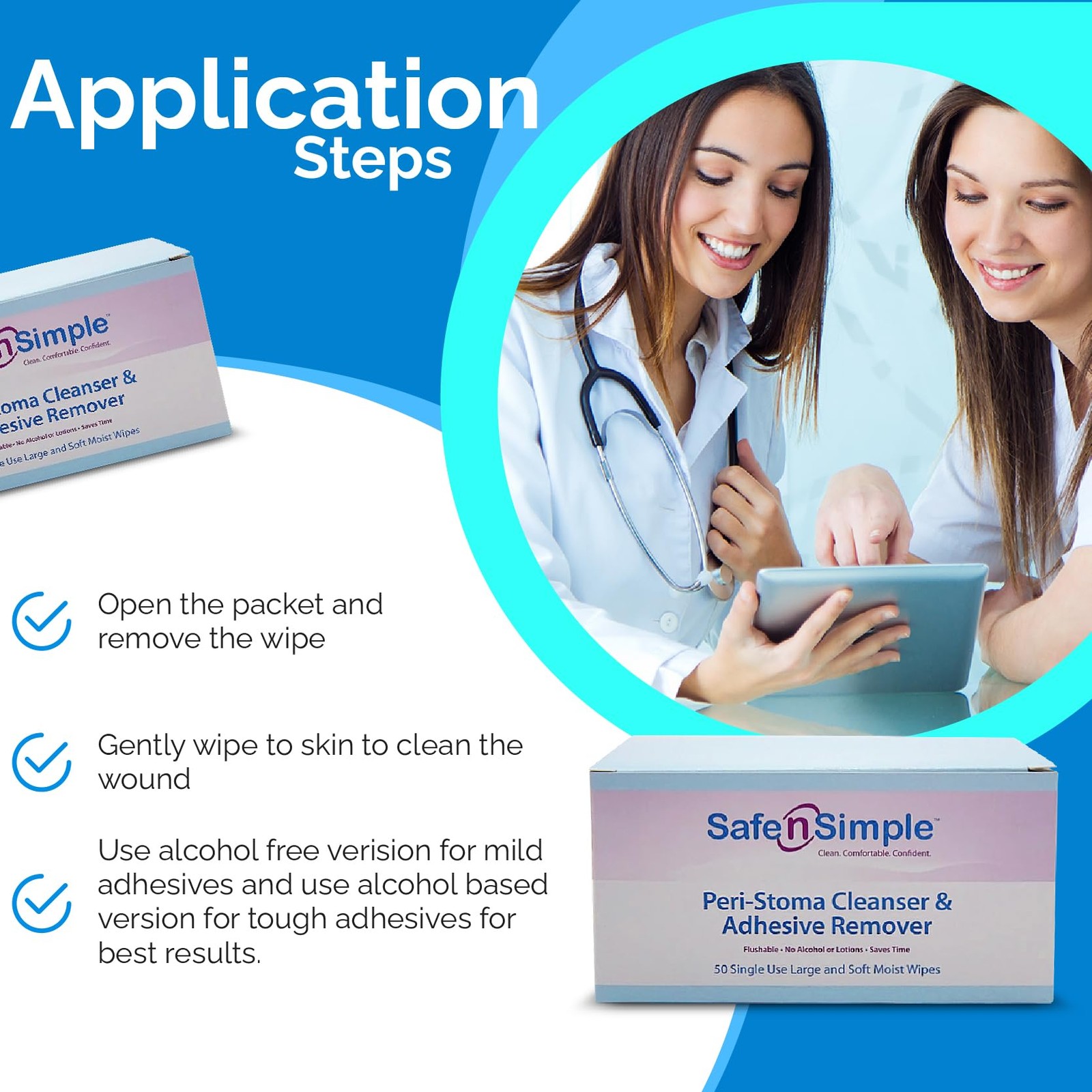 Safe n’ Simple Adhesive Remover Wipes, Large, Pack of 50, Individually Wrapped