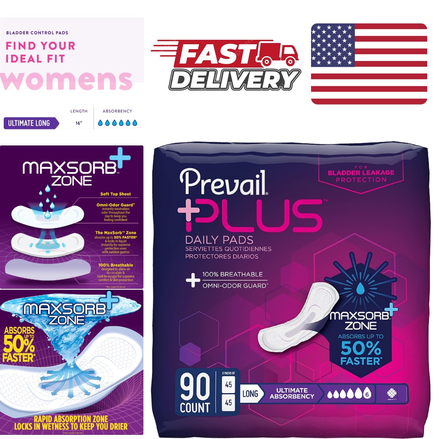 Ultimate Absorbency Incontinence Pads Long Length 90 Count Disposable Protection