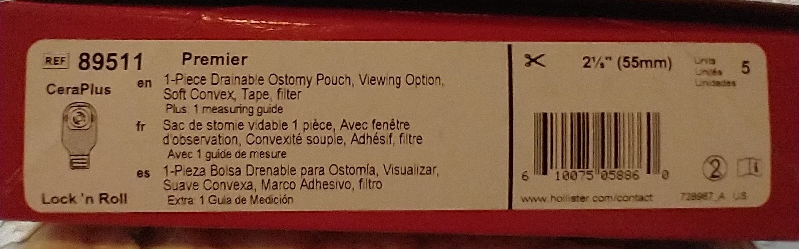 HOLLISTER 89511 OSTOMY POUCH 1 PIECE DRAINABLE SOFT CONVEX 2-1/8″ NEW EXP 2031