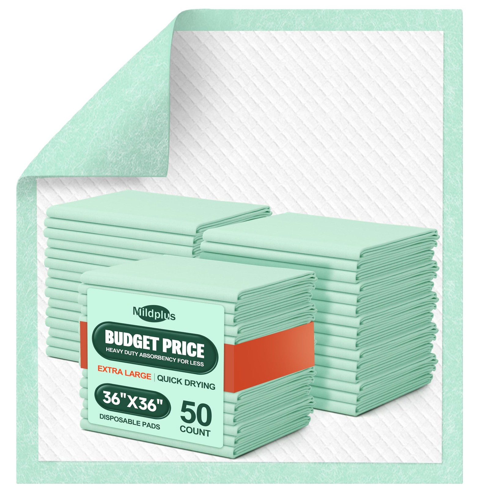 MILDPLUS Disposable Bed Pads 36” X 36″x36″-50 (No Adhesive), Green
