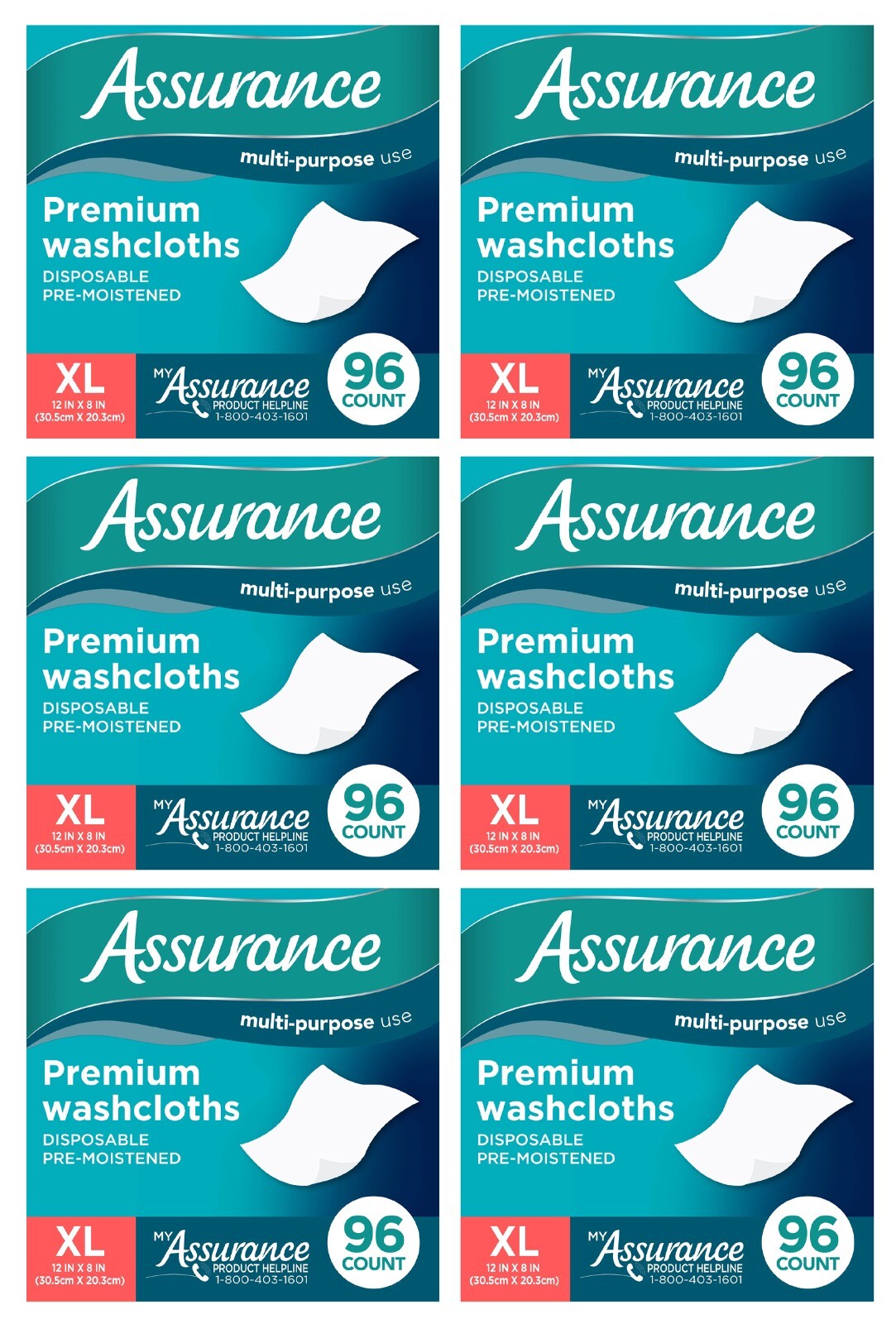 Assurance Premium Disposable Washcloths Size XL Total of 576 Count (96ct x6)