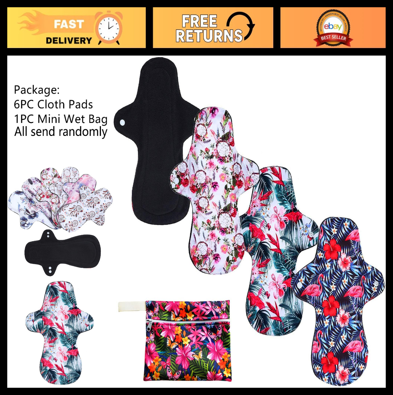 7PCS Reusable Washable Incontinence Cloth Pads Set – Heavy Flow Bamboo Charcoal