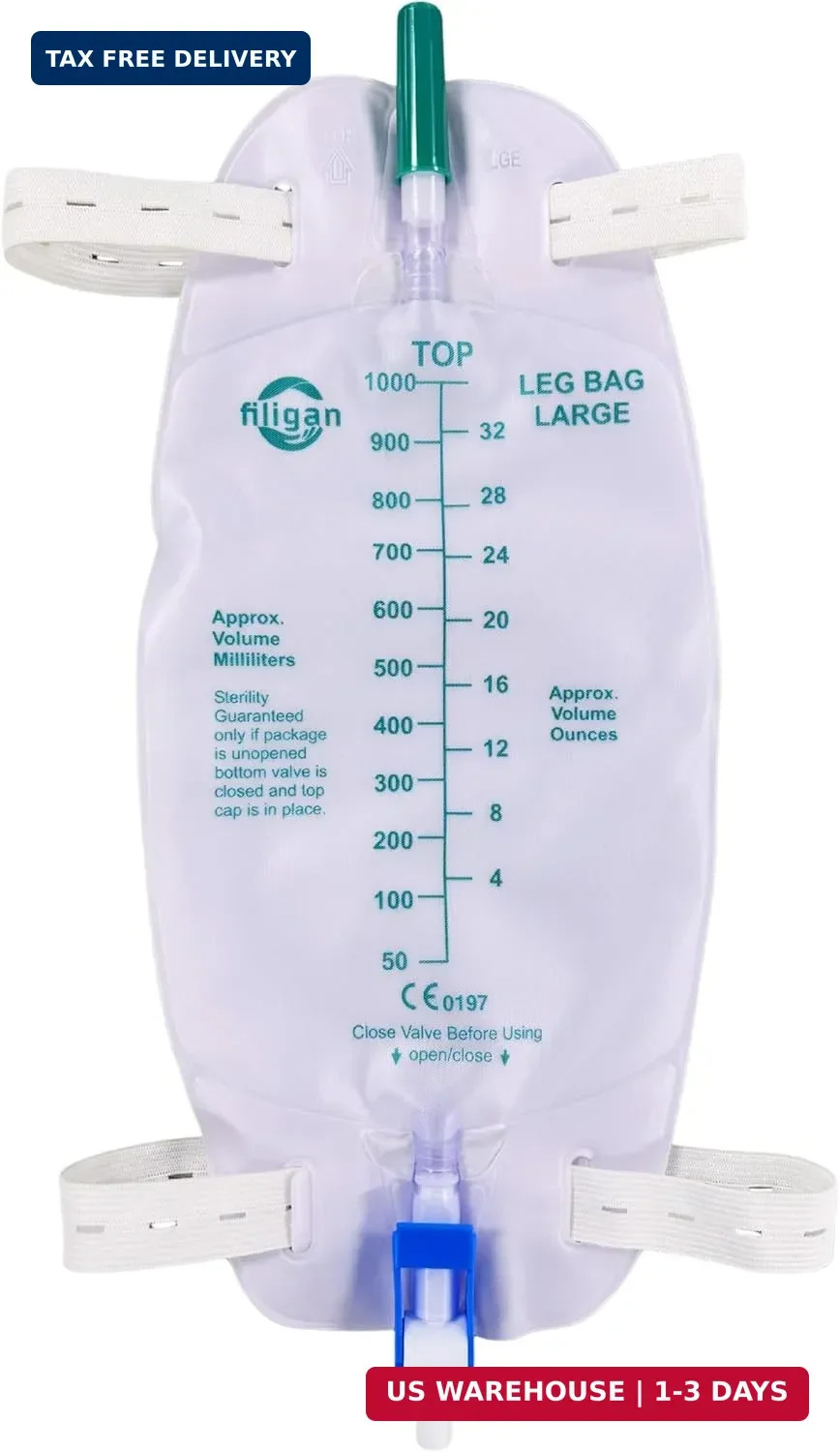 5-Pack 1000ml Catheter Leg Bags with Anti-Reflux Valve, Easy Flip Drain | 32oz L