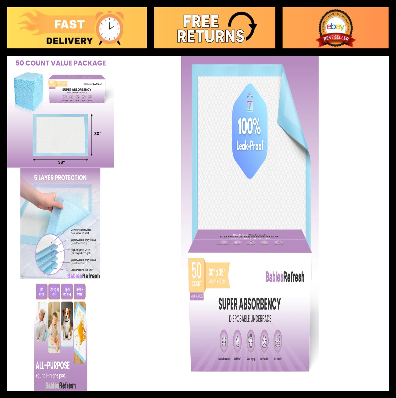 Extra Large Disposable Underpads 30” x 36” – 50 Count, Leakproof Quick Drying, M