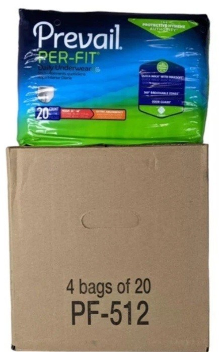 Prevail Per-Fit Adult Unisex Daily Underwear/Diapers Medium 4 Bags of 20 A Box