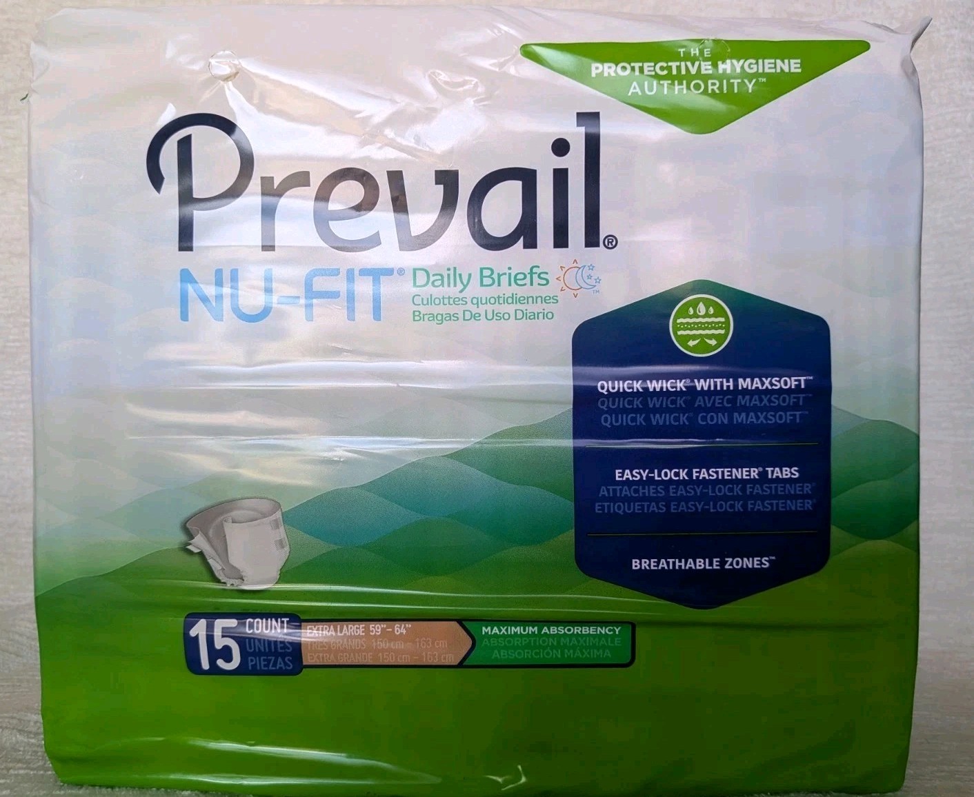 Prevail Nu-Fit Incontinence Daily Briefs Adult Diapers XL 15 Ct New Unopened