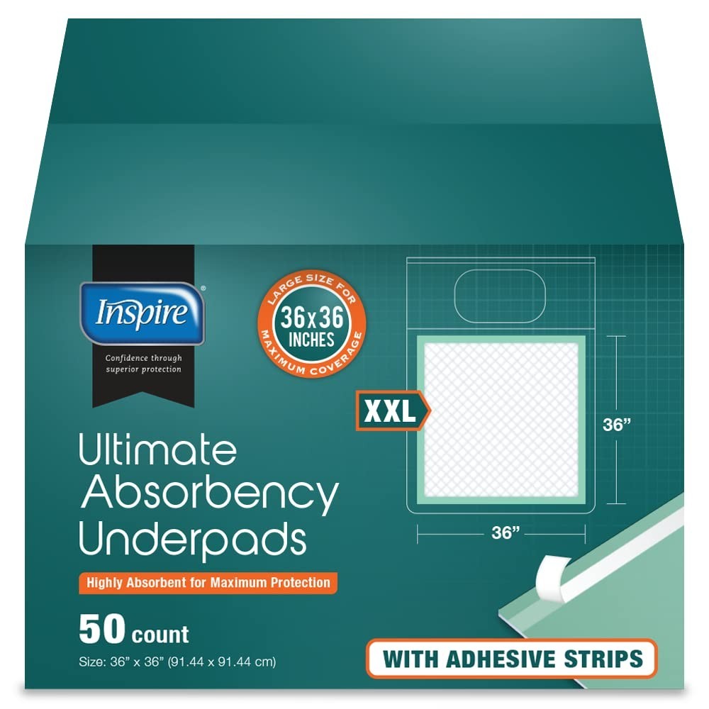 Super Absorbent Disposable Bed Pads 36×36, Pack of 50 with Adhesive, XXL Size