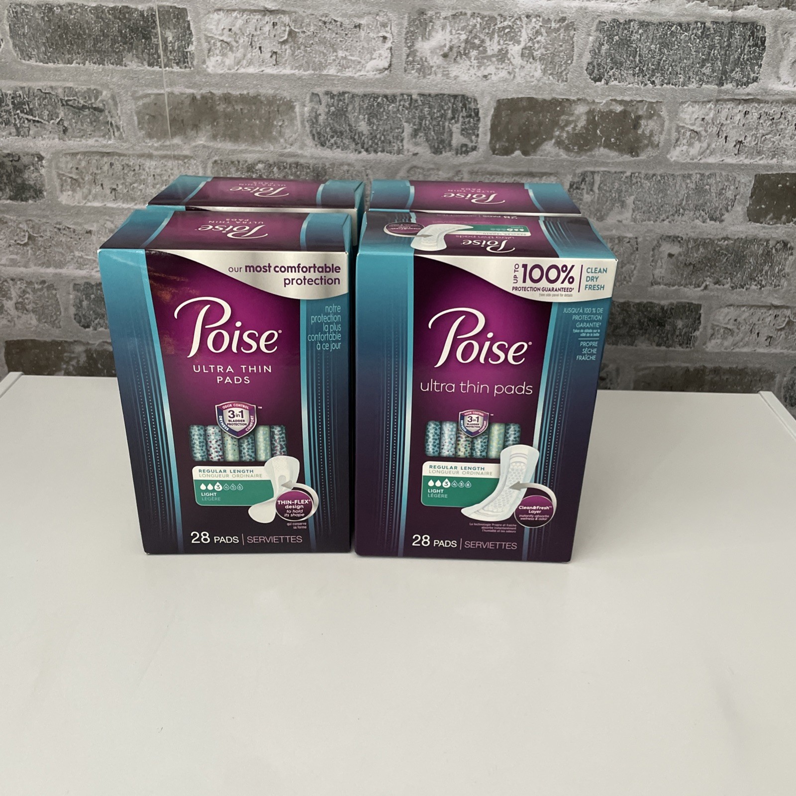 4 Poise Ultra Thin Pads Regular Length Light Absorbency 28 Ct Each