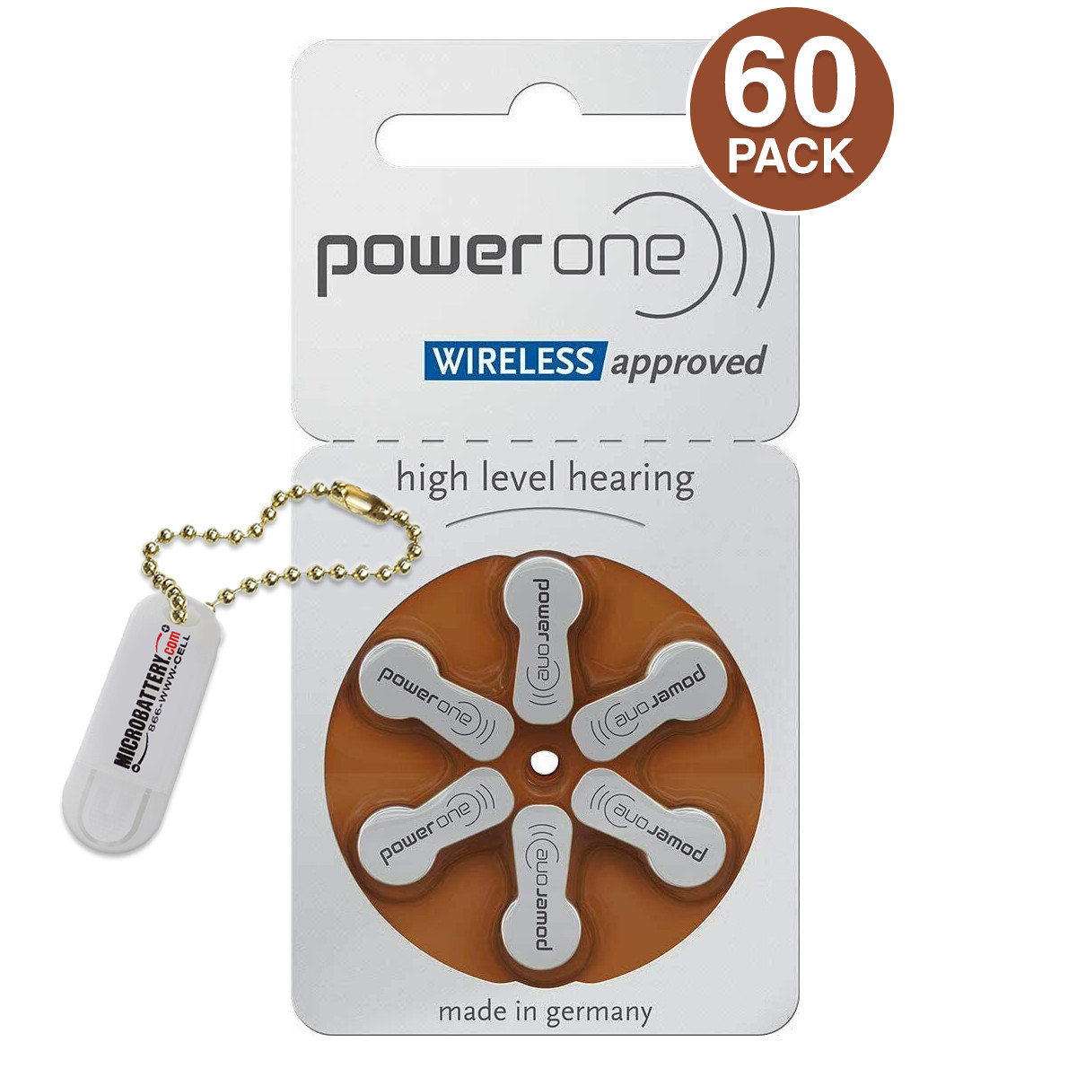 Power one Size 312, PR41, P312 Hearing Aid Batteries (60 Batteries) + Keychain
