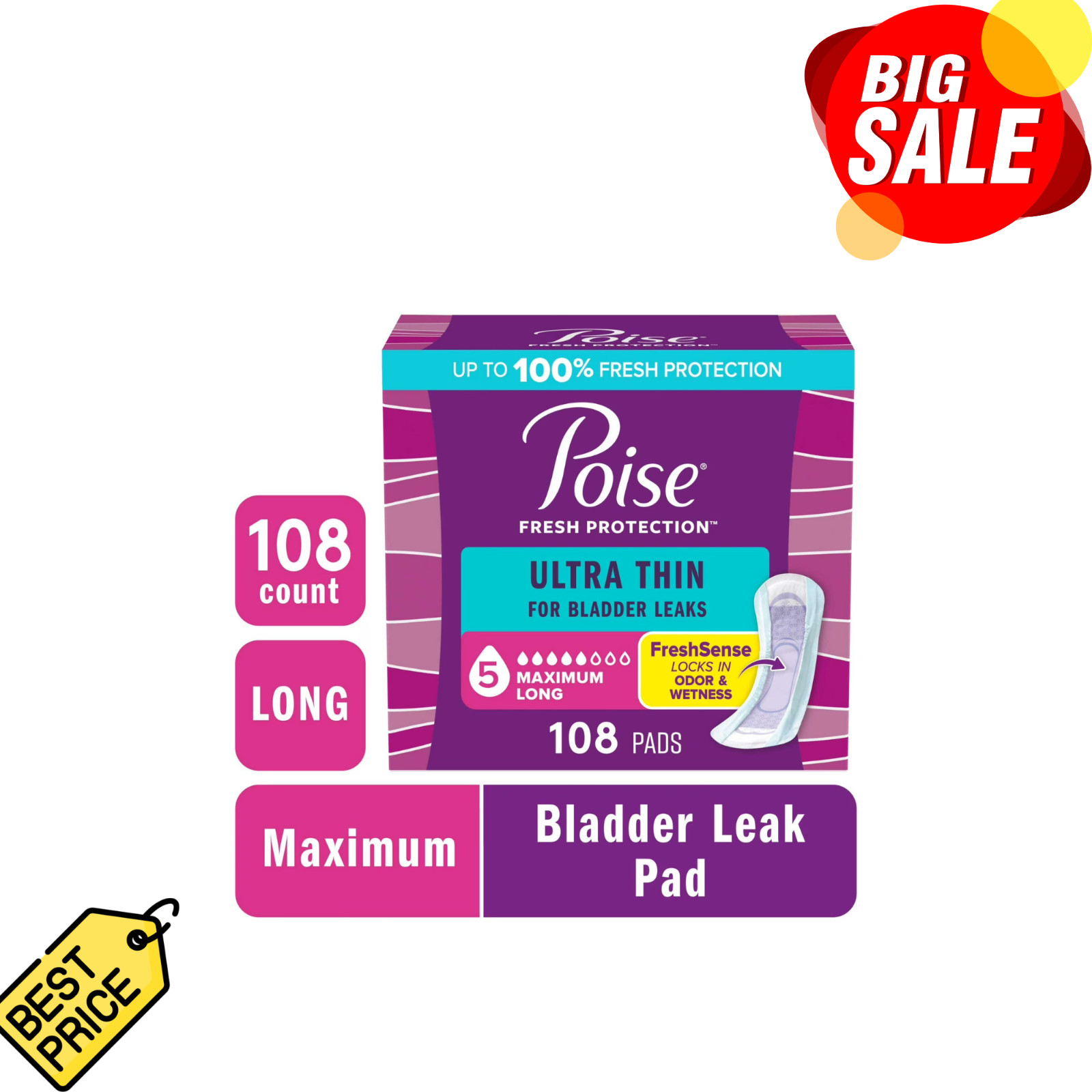 Poise Ultra Thin Incontinence Pads 5 Drop Maximum Absorbency 108Ct
