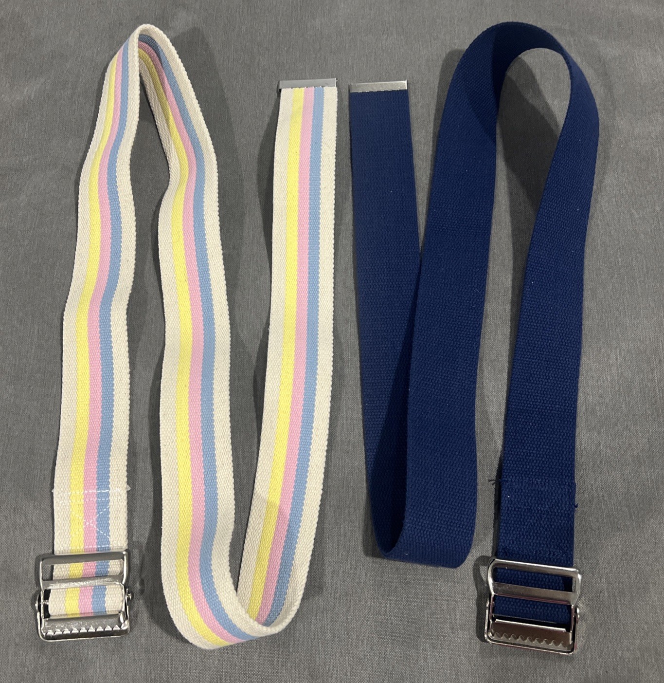 Lot of 2 Gait Belt w/Metal Buckle 60” & 55” Striped Rainbow and Navy Blue EUC