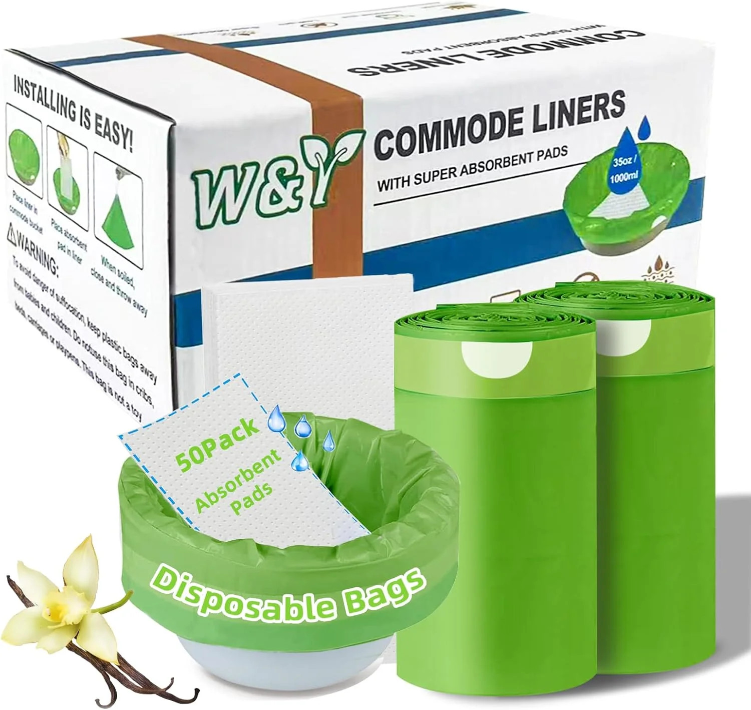Bedside Commode Liners with Absorbent Pads,50 Bags+50Pads-Vanilla Scented | Leak