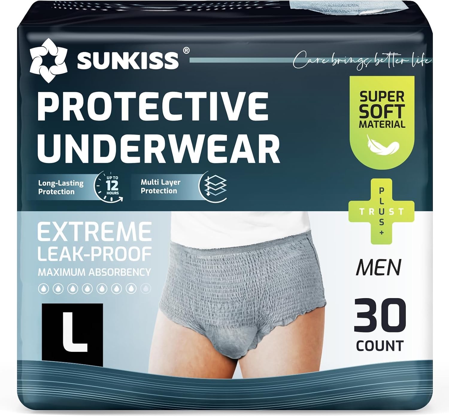SUNKISS Men’s Incontinence Underwear, L, Grey, 30 Ct – Max Absorbency