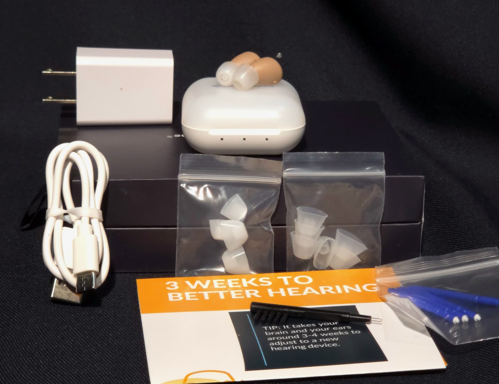 Audien ATOM One OTC Rechargeable Hearing Aids Charging Case Accessories Open Box