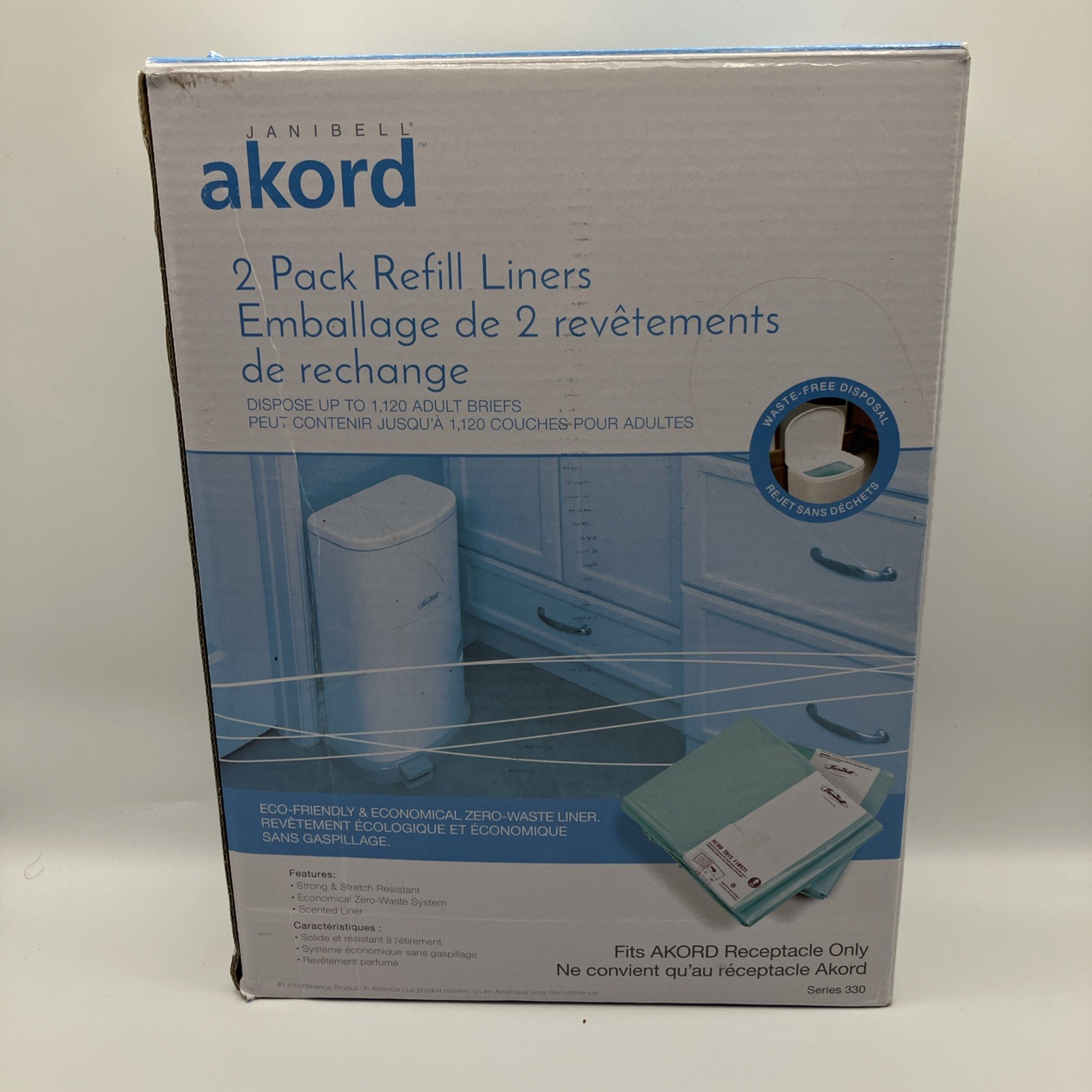 Janibell Akord 330 Adult Diaper Pail 2-Pack Refill Liners Scented New Open Box