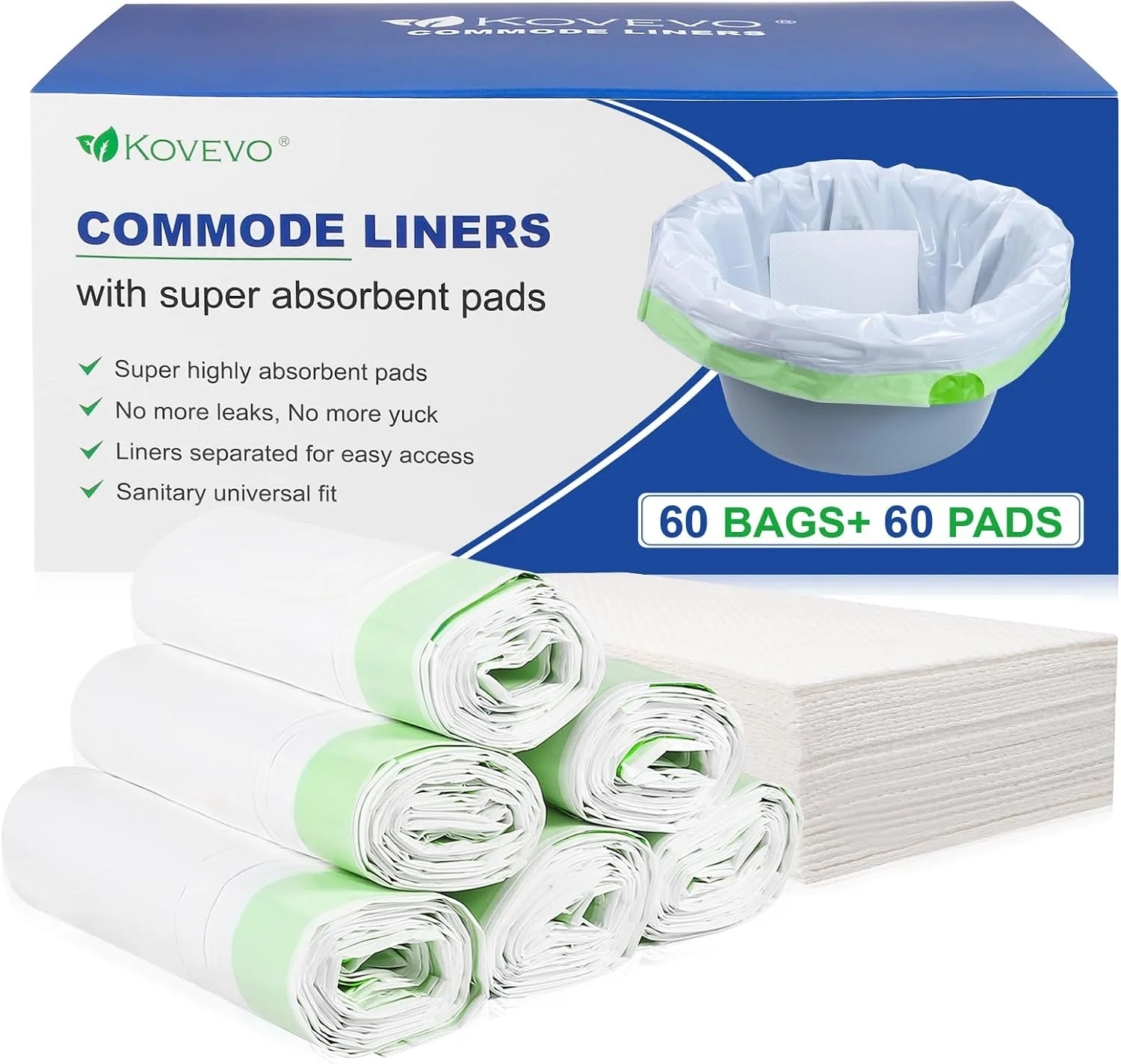 60 Pack Commode Liners with Absorbent Pads | 60 Bedside Commode Liners an