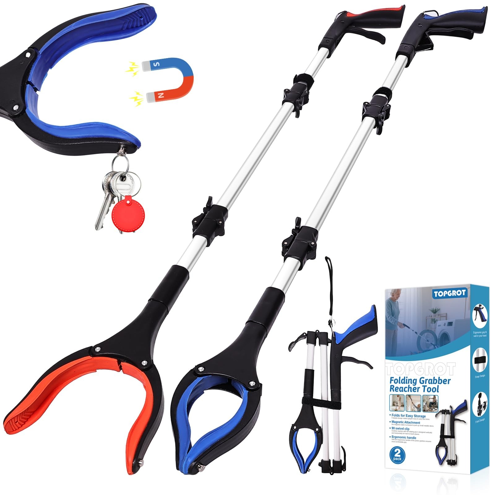TOPGROT 43″ Grabber Reacher Tool for Seniors 2 Pack, 43″, Blue and Orange