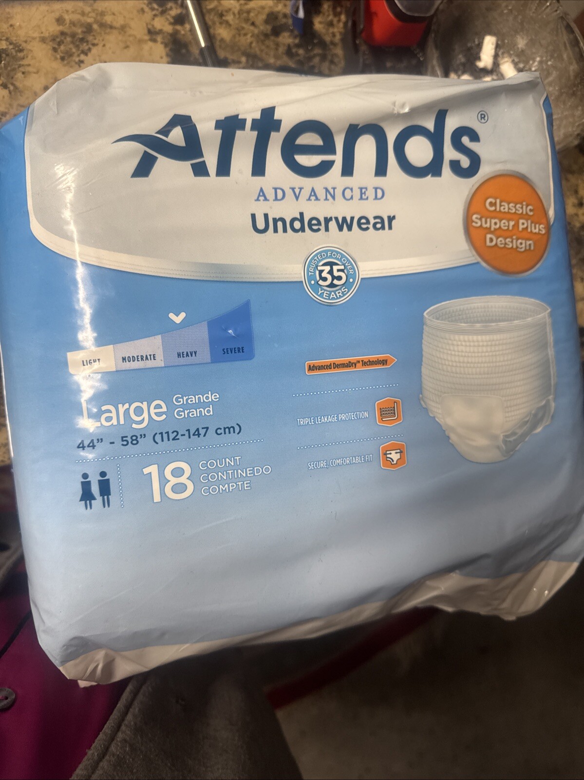 ATTENDS Adult UNDERWEAR Diapers LARGE Heavy 44-58” 10 Bags Of 18ct Each