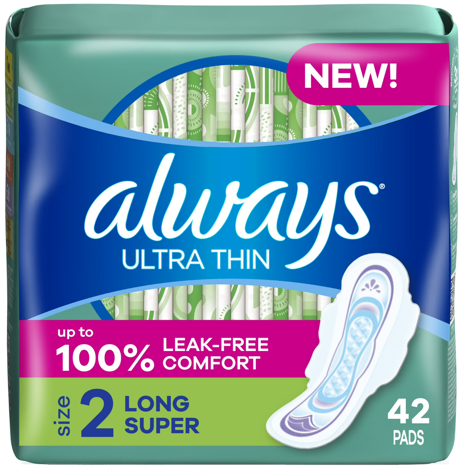Always Ultra Thin Pads with Wings, Size 2, Long Super, 42 Count