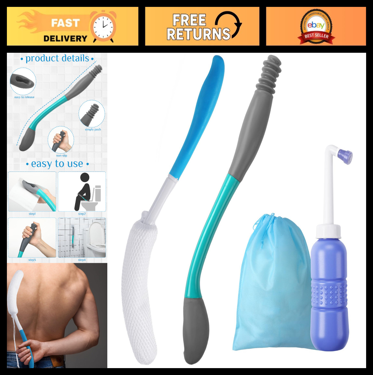 4 Pcs Toilet Aid Set – Long Handle Wiper, Shower Brush, Portable Bidet & Bag – C