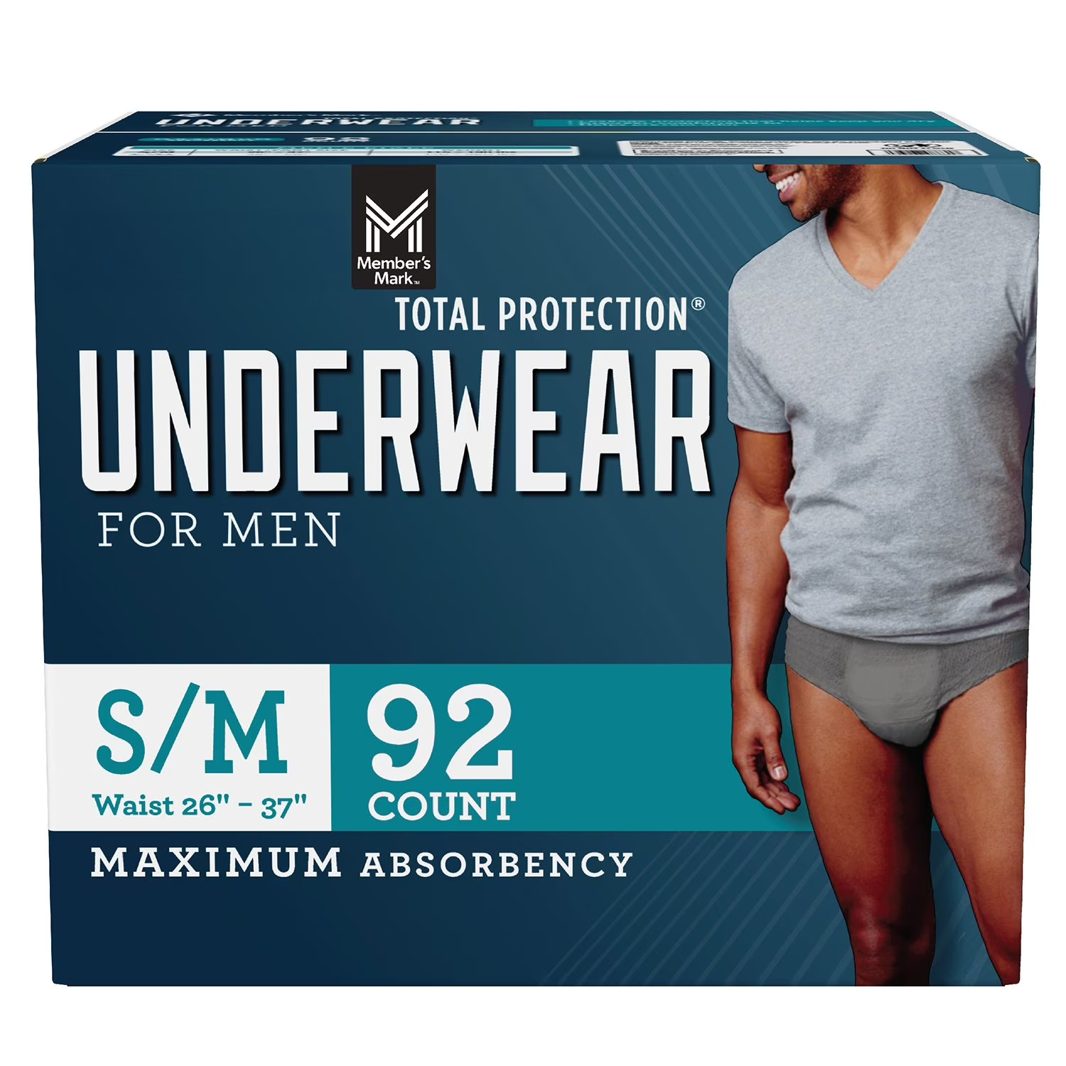 Member’s Mark Men Incontinence Underwear S/M 92 Count Grey Total Protection