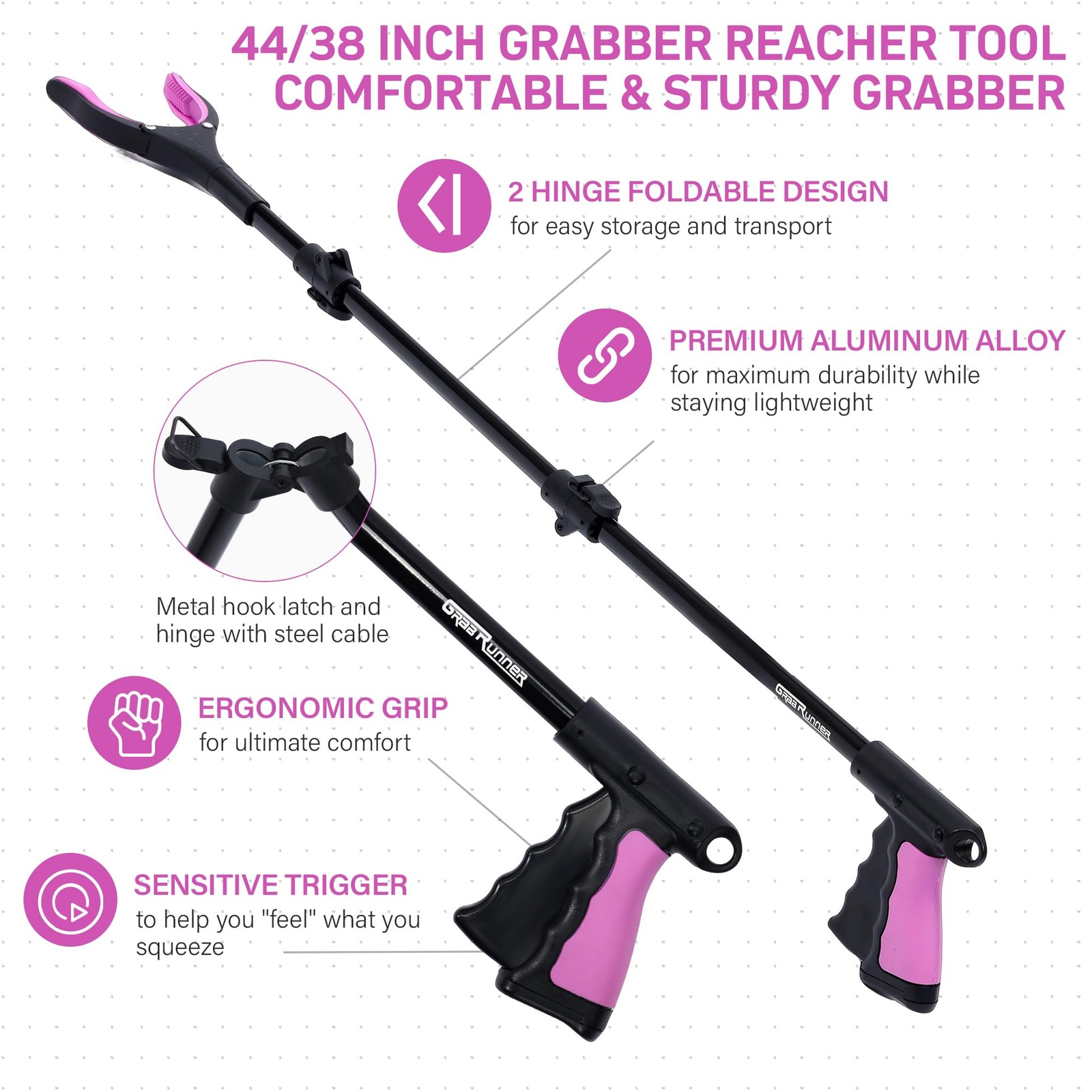 38″ & 44″ Extra Long Grabber Reacher Tool – 2 Pack Foldable Long, Pink