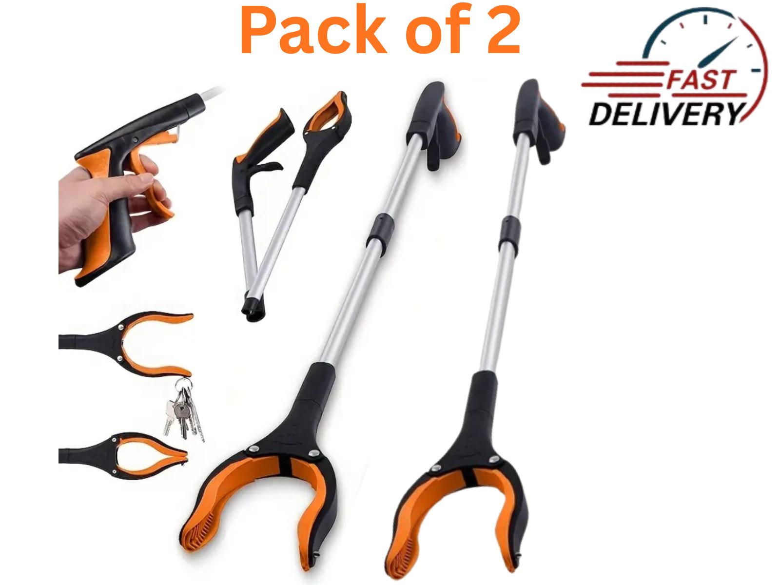 Folding Reach Grabber Tool 360° rotating jaws and a magnetic tip Lightweight 2Pc