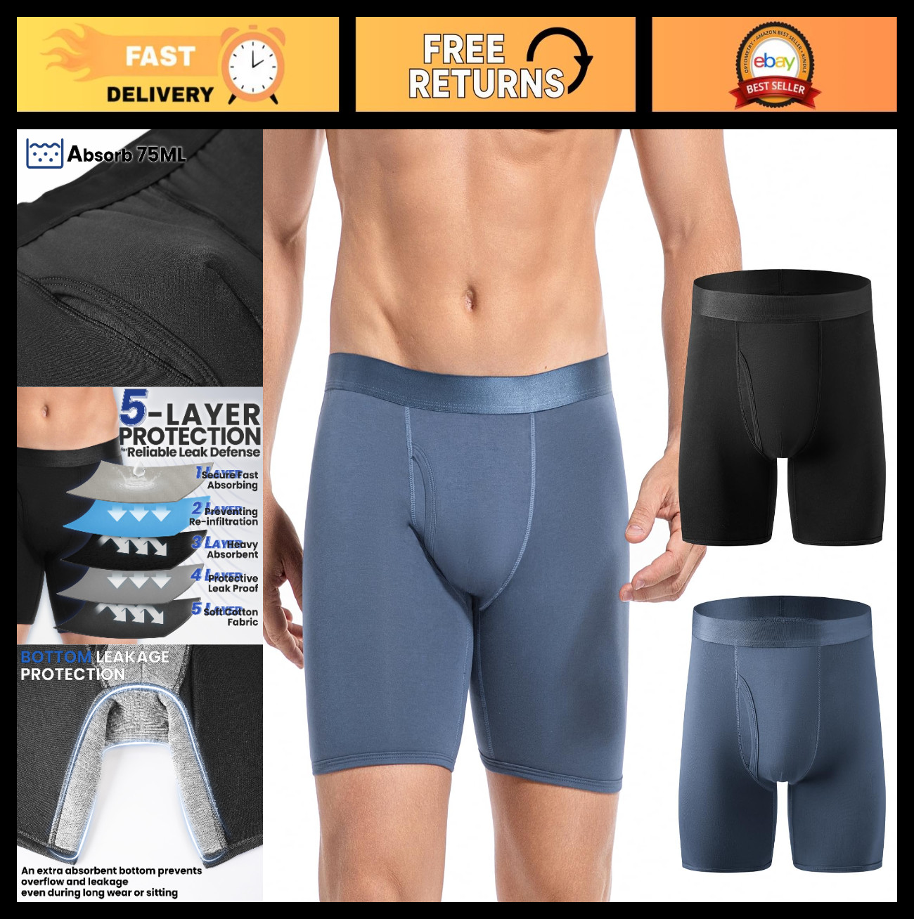 Men’s Reusable Incontinence Underwear, Leak-Proof Cotton Boxer Briefs, 2 Pack, H
