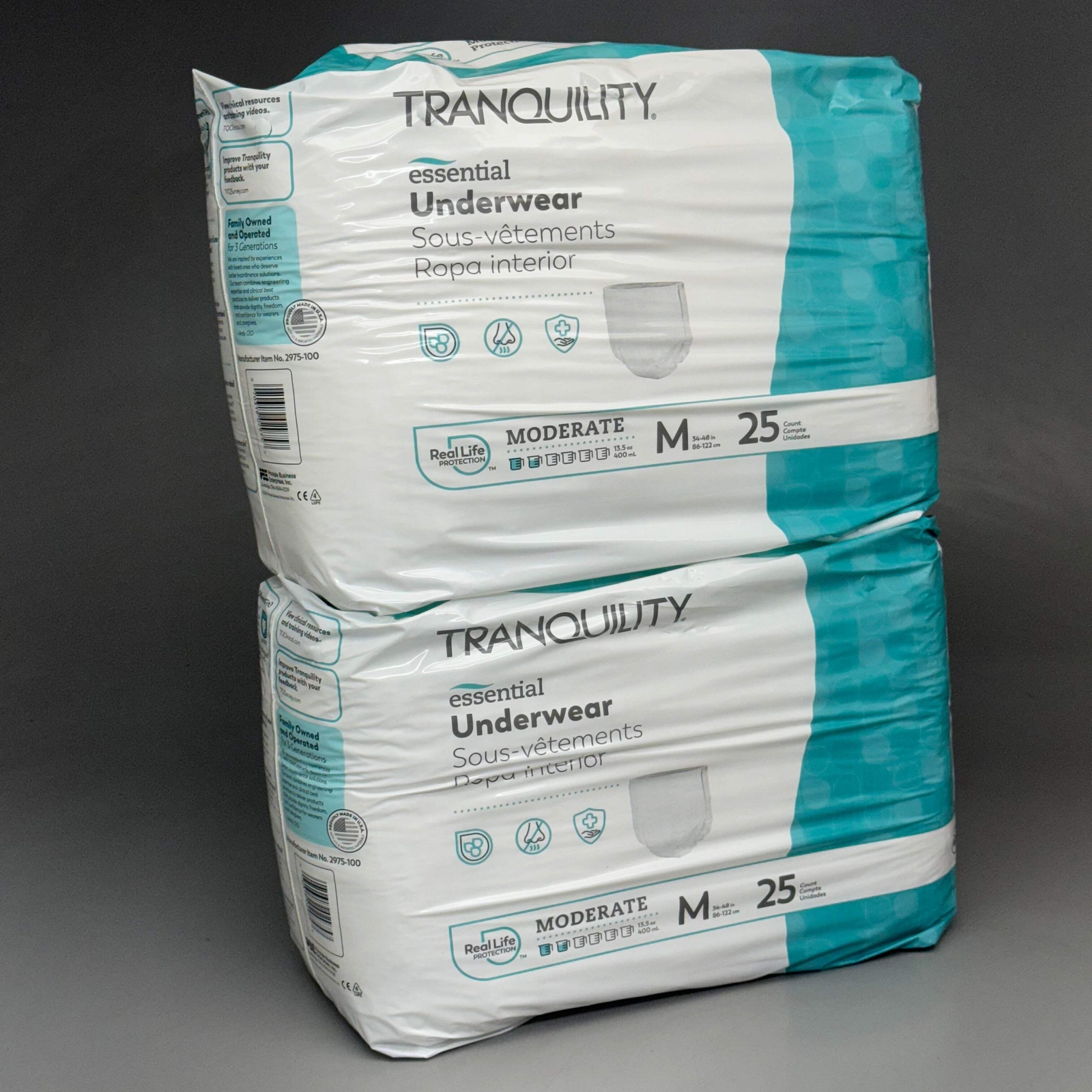 TRANQUILITY 2PK of 25 Essential Underwear – Heavy Medium (34-48in) White