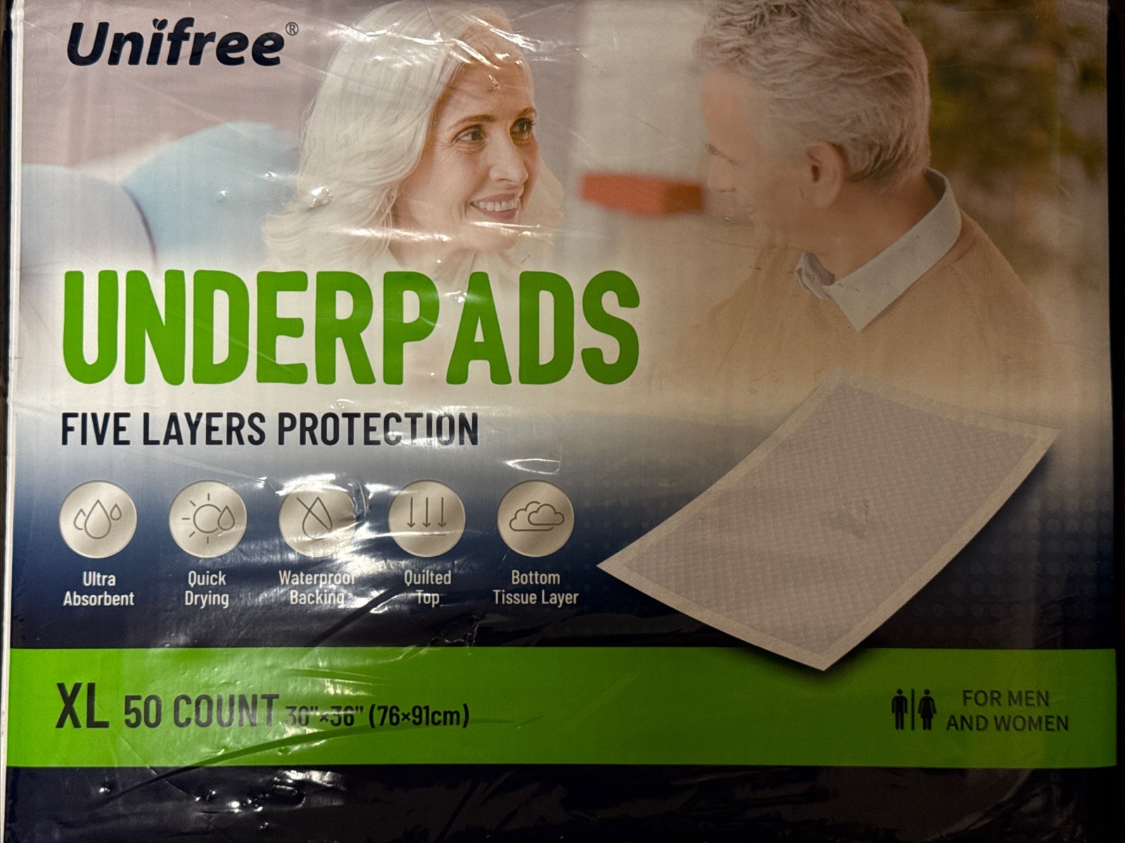 Unifree Disposable Underpads, Super Absorbent, 50 Count, Blue, XL Size