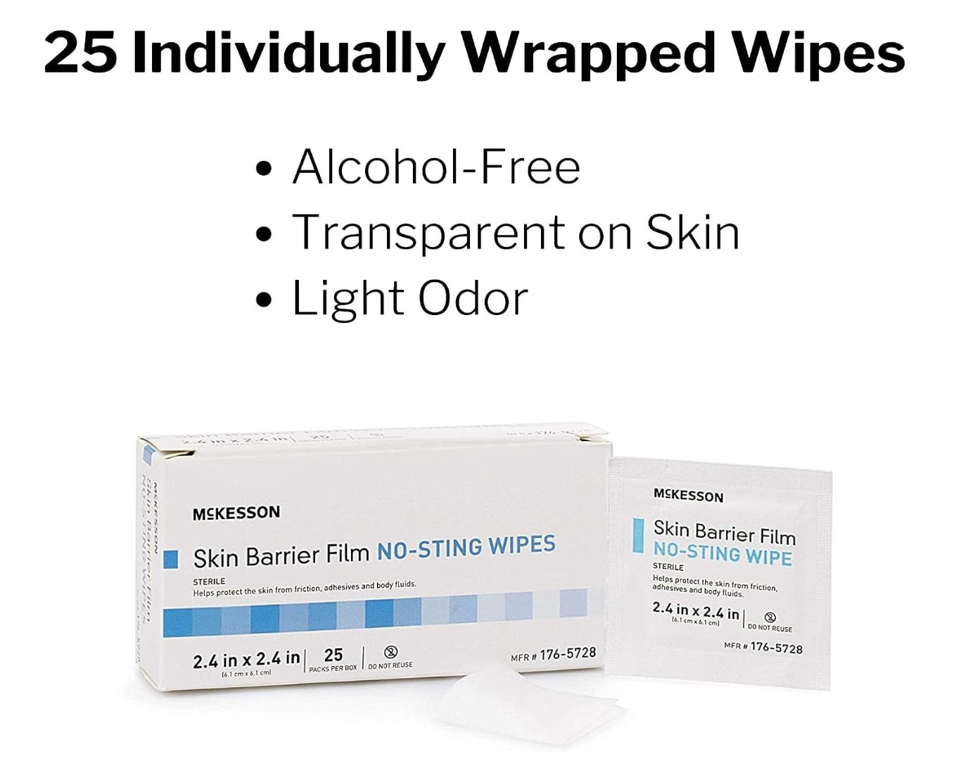 McKesson No Sting Skin Barrier Wipe 2-2/5 X 2-2/5 Inch Sterile 176-5728 25 Ct