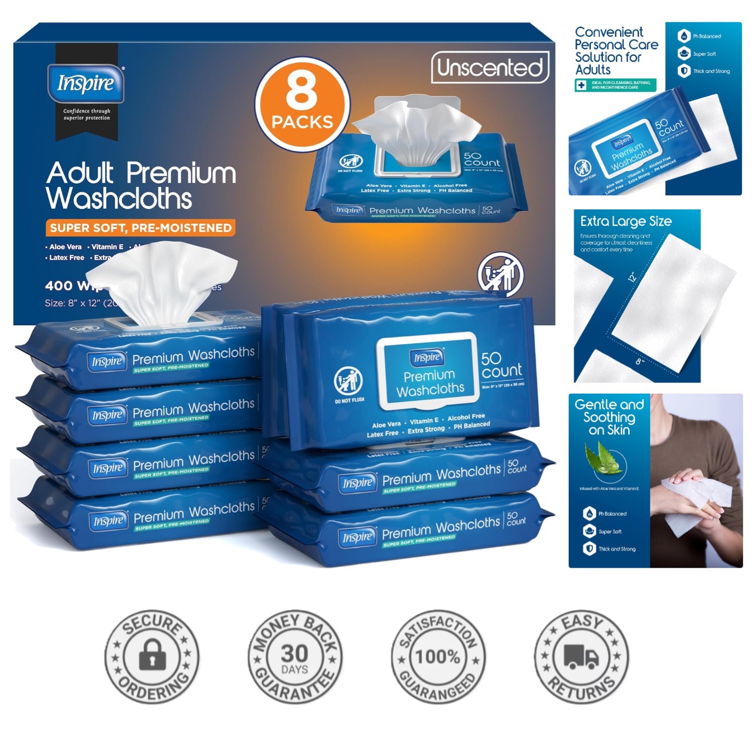 Comforting Aloe Vera Adult Wet Wipes – 8×12 Size, 400 Wipes for Daily Freshness